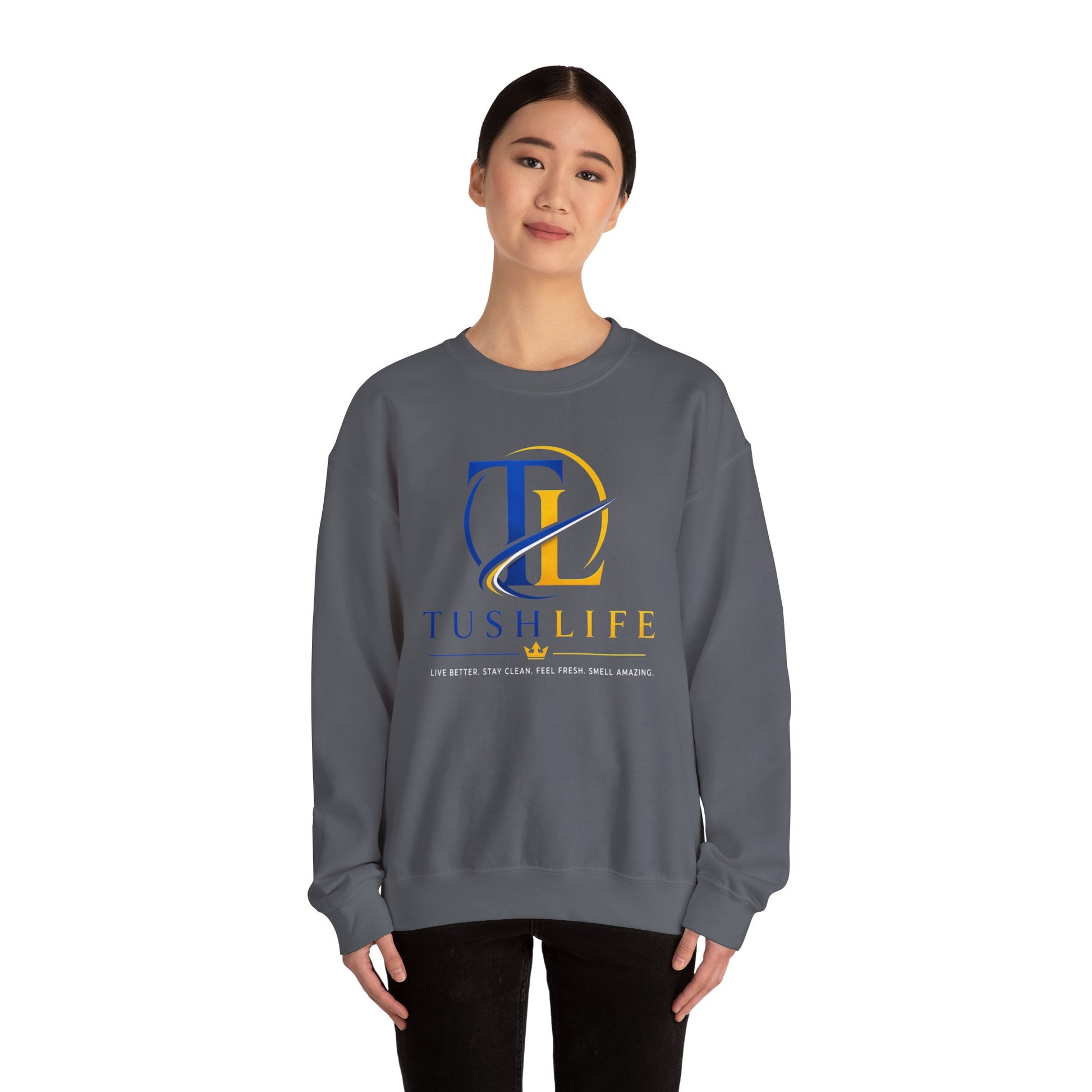 Sudadera azul Gold TL Monogram de Printify, estilo casual con diseño de monograma en el pecho, manga larga y cuello redondo.