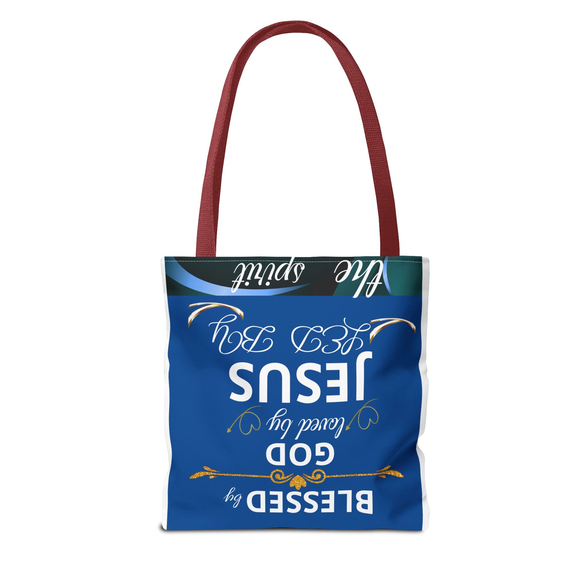 Bolso de mano inspirador Christian Mom Tote Bag con mensaje de confianza en Dios, agradecida y bendecida, en colores vibrantes.