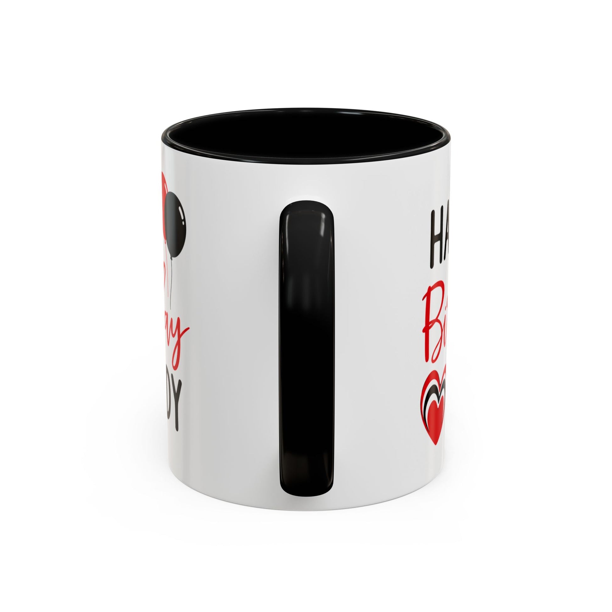 Taza de café Happy Birthday Daddy con globos rojos y negros, corazón, capacidad de 11/15 oz, impresa por Printify.