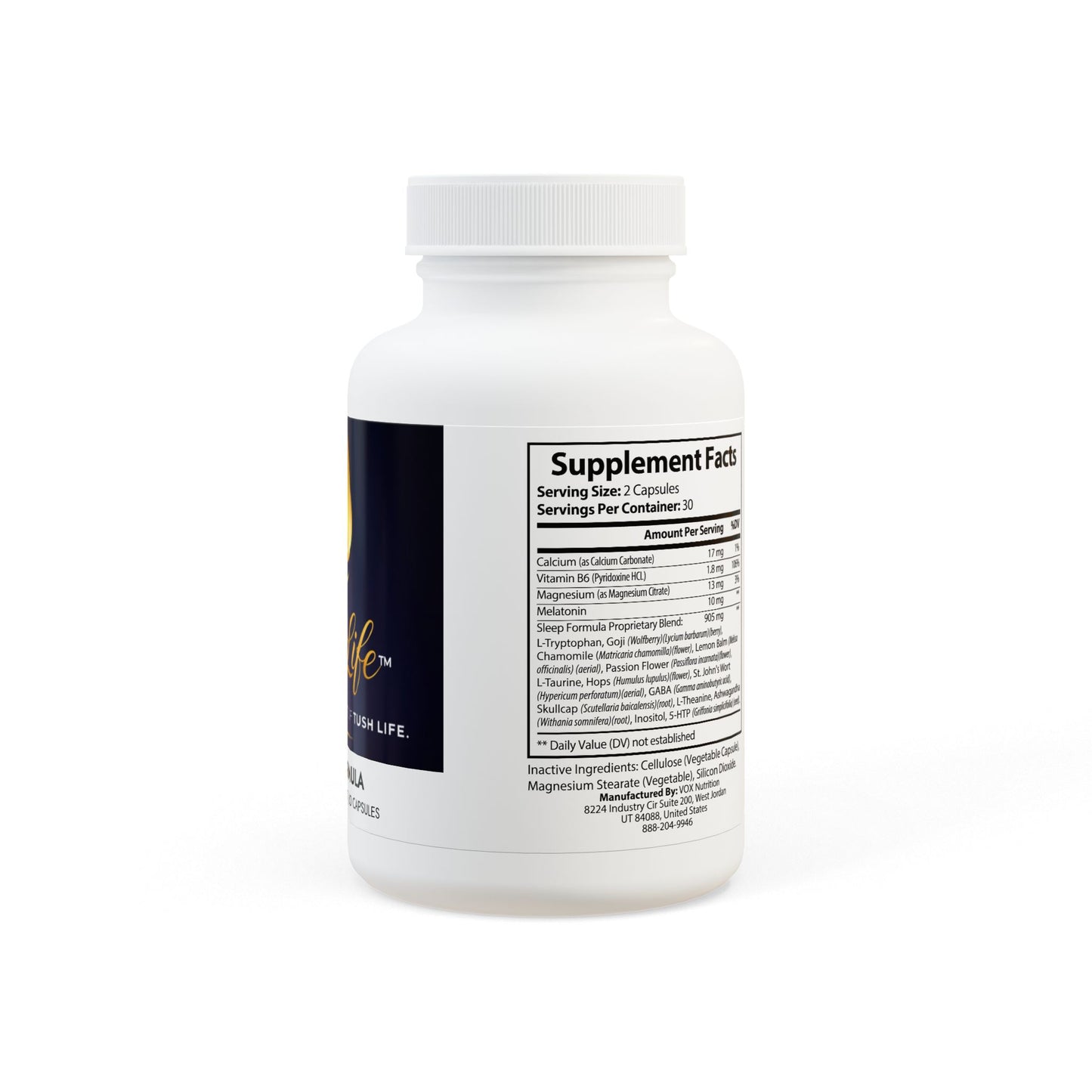 Suplemento alimenticio Tushlife de RJ-Solutions, cápsulas para dormir profundamente y relajarse naturalmente, sin hábito.