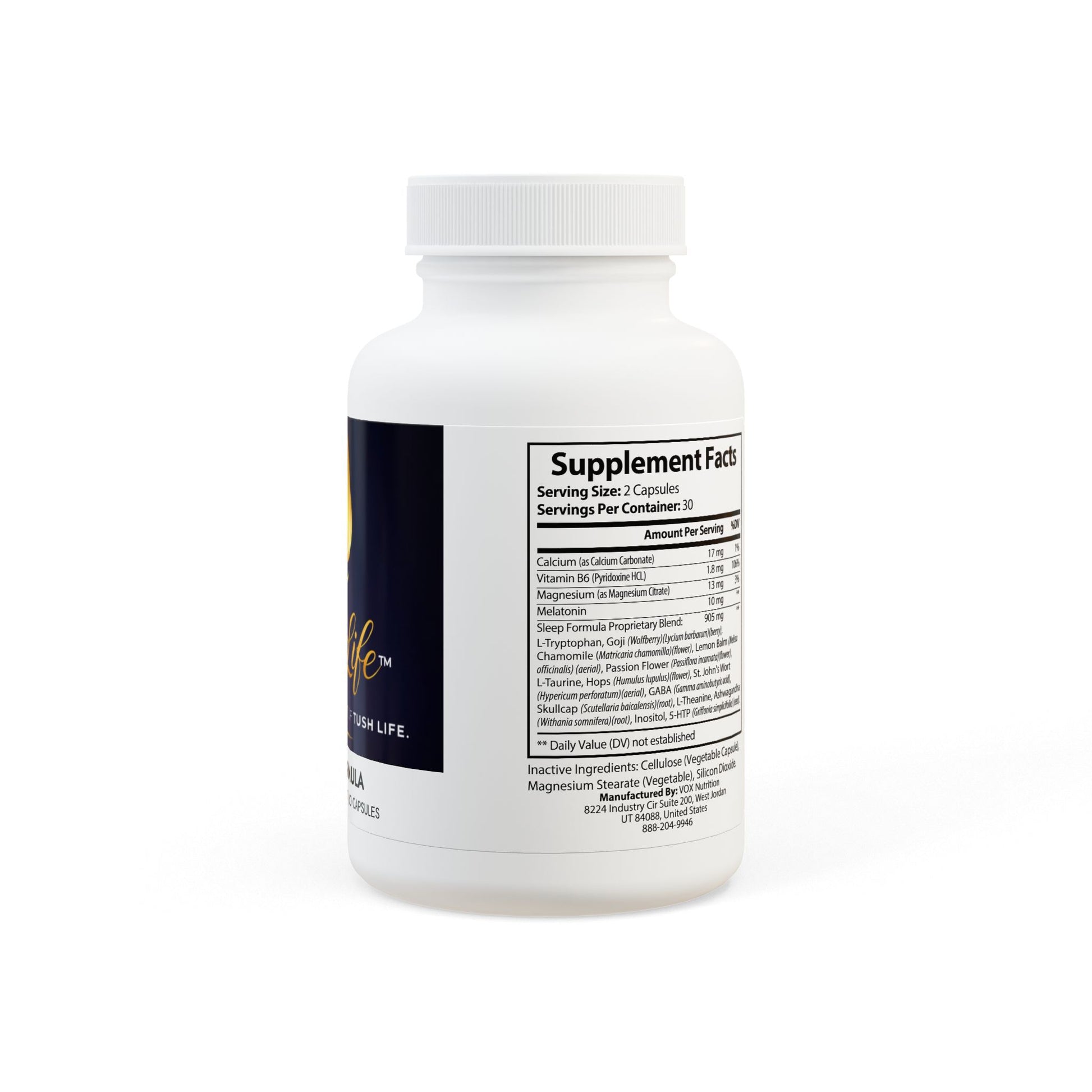 Suplemento alimenticio Tushlife de RJ-Solutions, cápsulas para dormir profundamente y relajarse naturalmente, sin hábito.