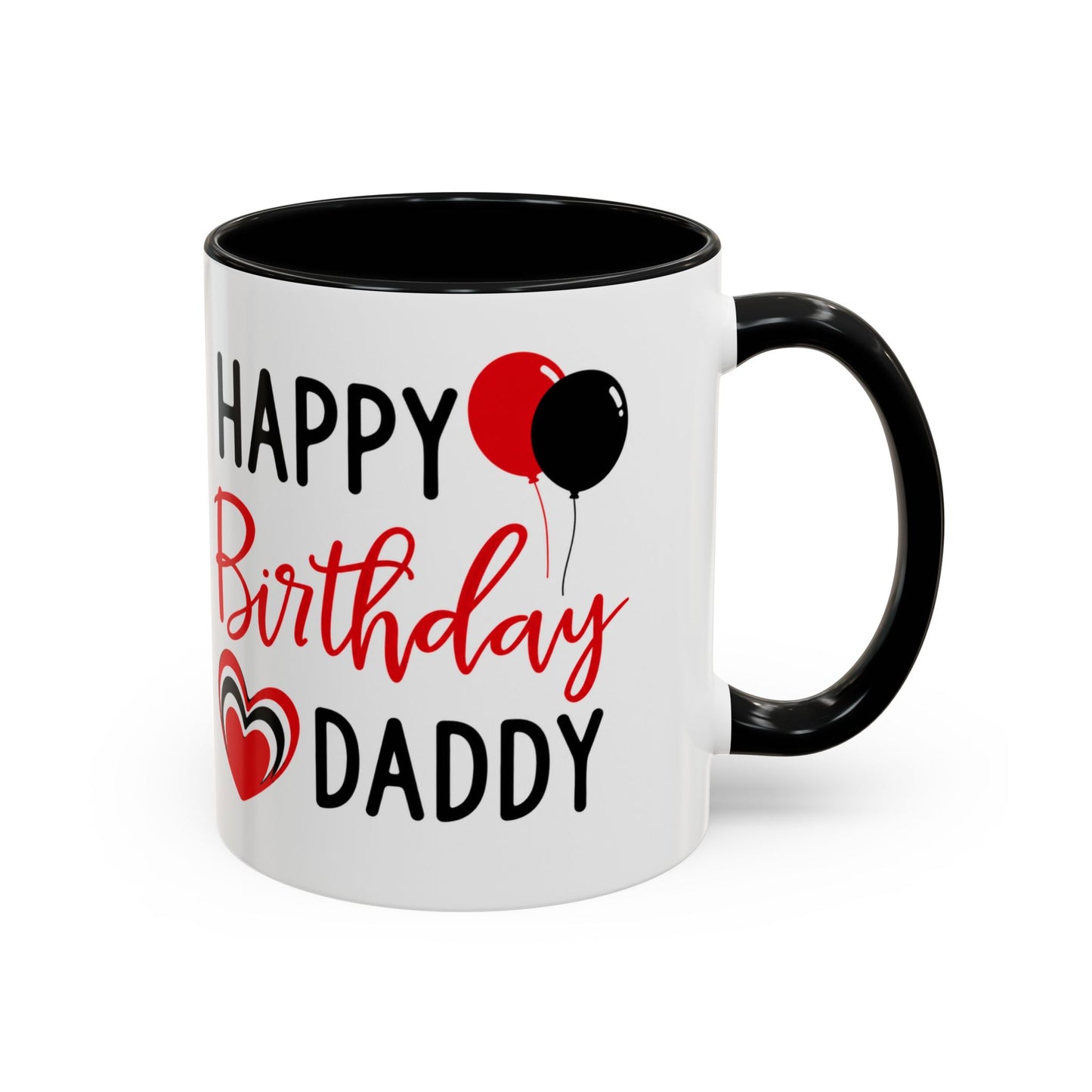Taza de café Happy Birthday Daddy de Printify con globos rojos y negros, corazón, en tamaño de 11 oz o 15 oz, diseño festivo.
