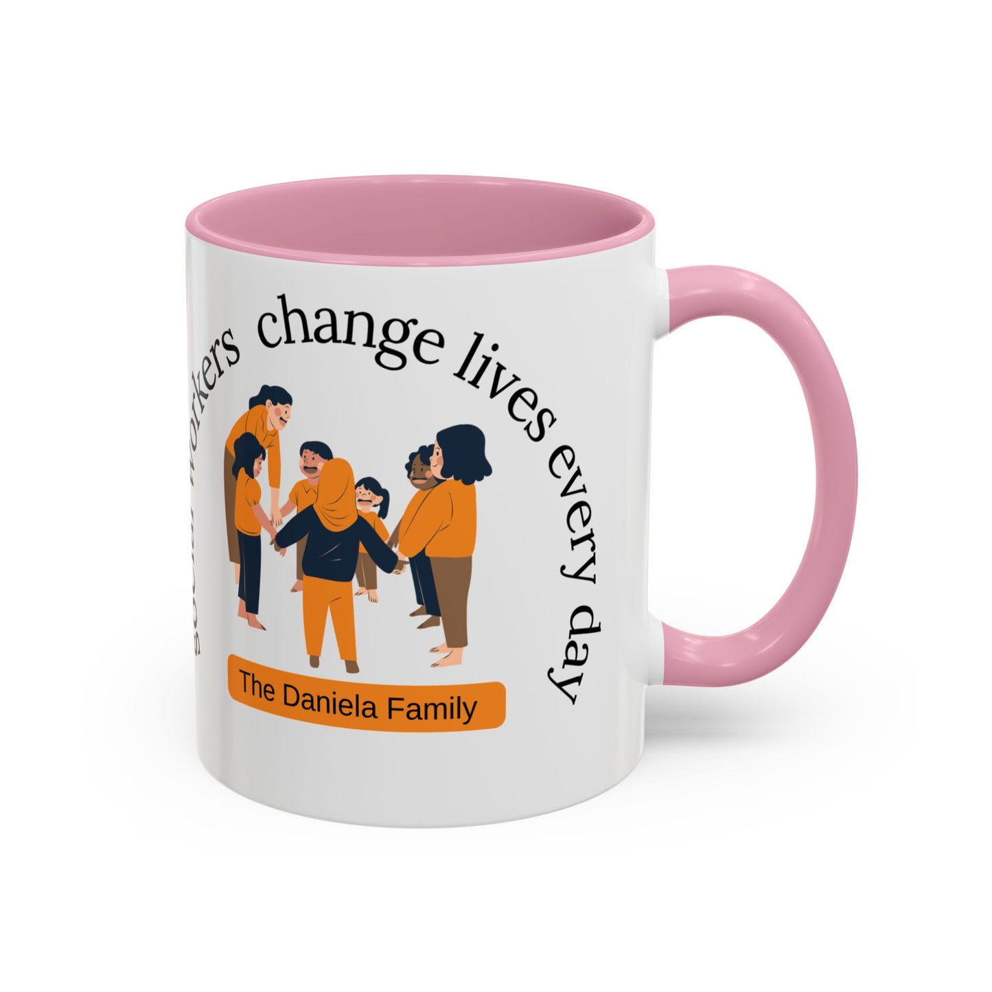 Taza de cerámica Printify para trabajadores sociales, con mensaje "Los trabajadores sociales cambian vidas", en tamaños de 11oz y 15oz.