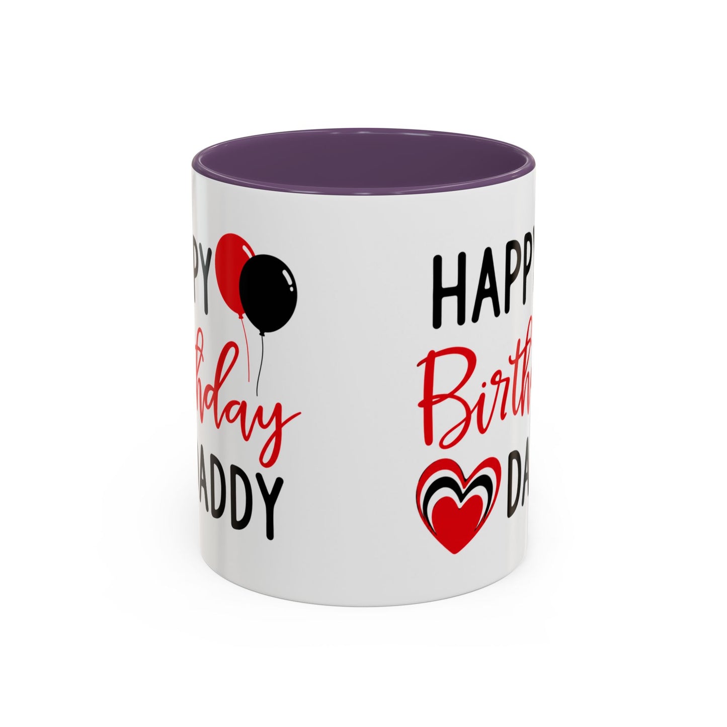 Taza de café Happy Birthday Daddy con globos rojos y negros y corazón, impresión en color rojo y negro, tamaño 11/15 oz.