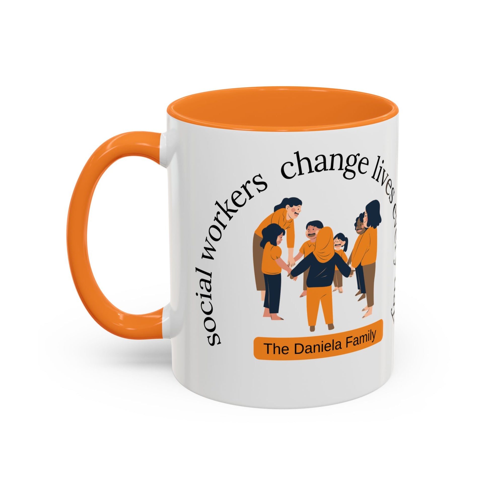 Taza de 11oz o 15oz de Printify con texto "Social Workers Change Lives" en diseño colorido y moderno.