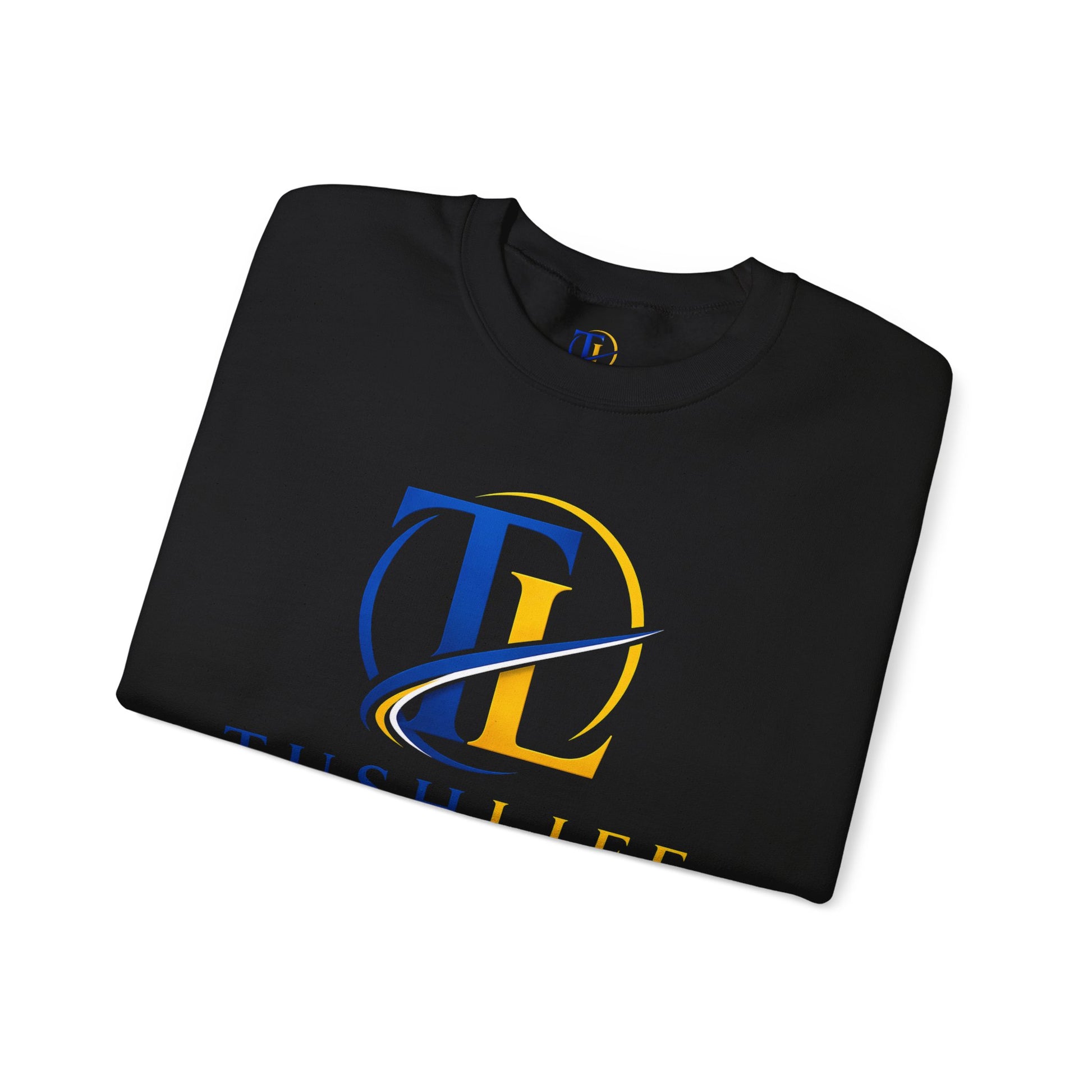 Sudadera azul Gold TL Monogram de Printify con cuello redondo y diseño de monograma en el centro.