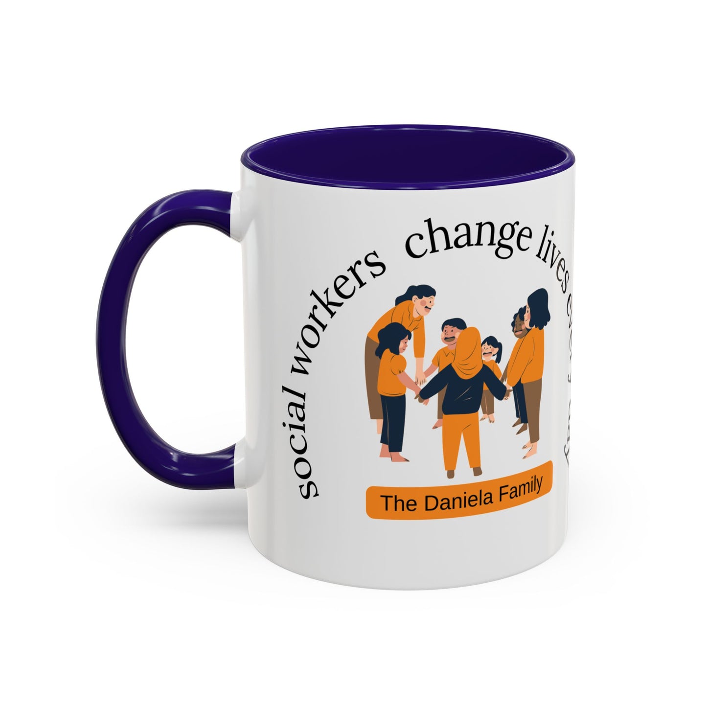 Taza de cerámica para trabajadores sociales con mensaje "Change Lives" en diferentes tamaños, de la marca Printify.