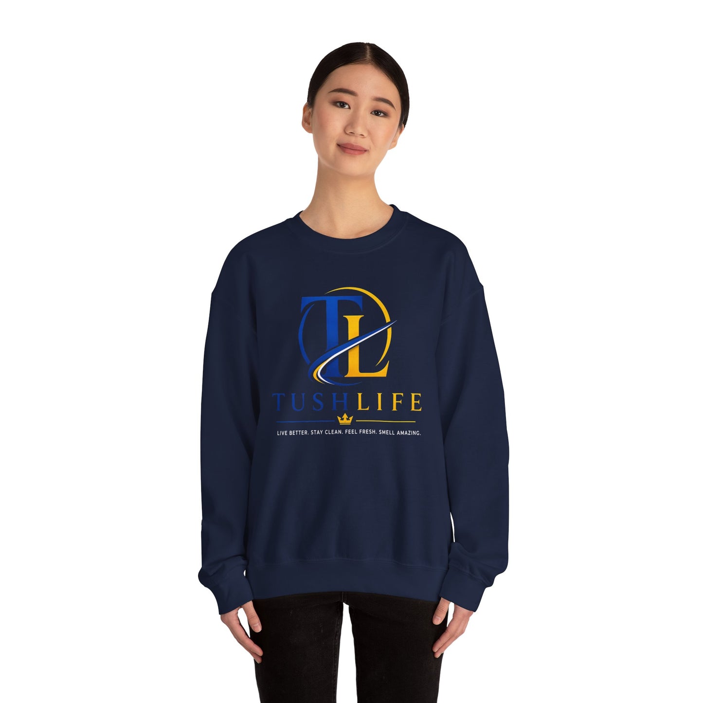 Sudadera azul Gold TL Monogram de Printify, sudadera con cuello redondo y diseño de monograma en el pecho.