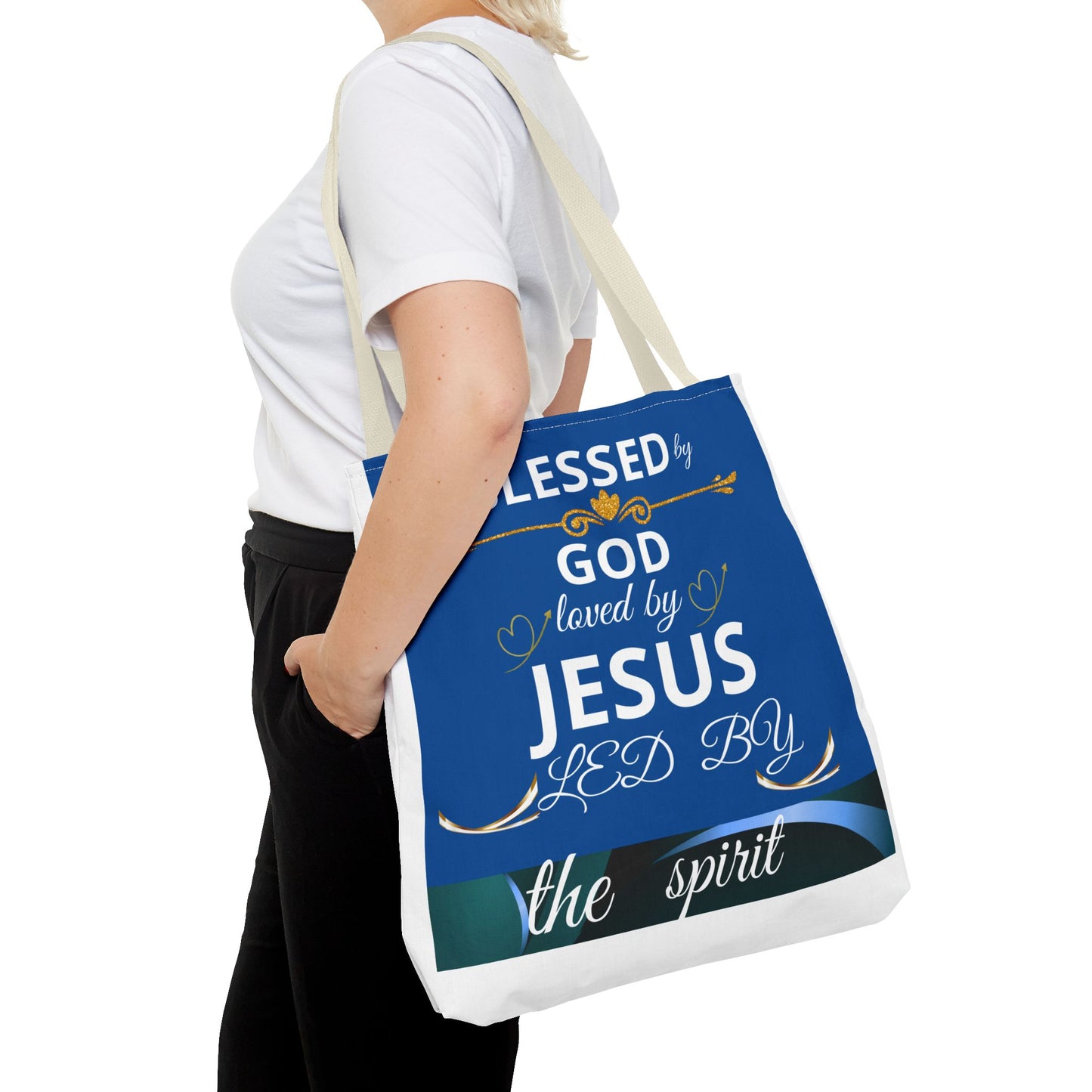 Bolso de mano cristiano para mamá con mensaje inspirador "Trusting God In All Of It" en tela, regalo religioso, marca Printify.