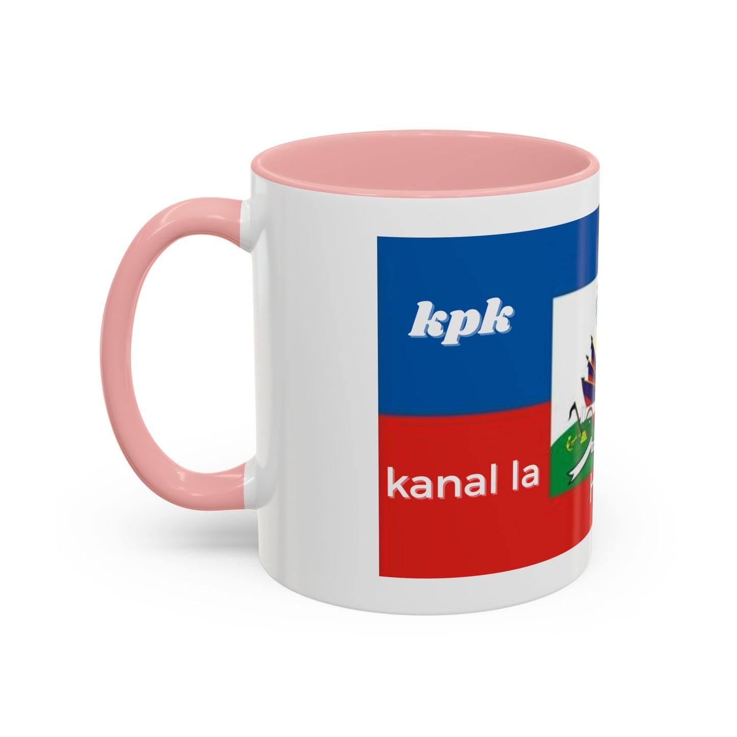 Taza de cerámica de diseño haitiano KPK Kanal La Pap Kanpe con arte colorido, ideal para café, té o bebidas calientes.