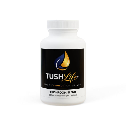 Suplemento alimenticio Tushlife con mezcla de 10 hongos funcionales para energía, enfoque, inmunidad y cerebro en cápsulas.