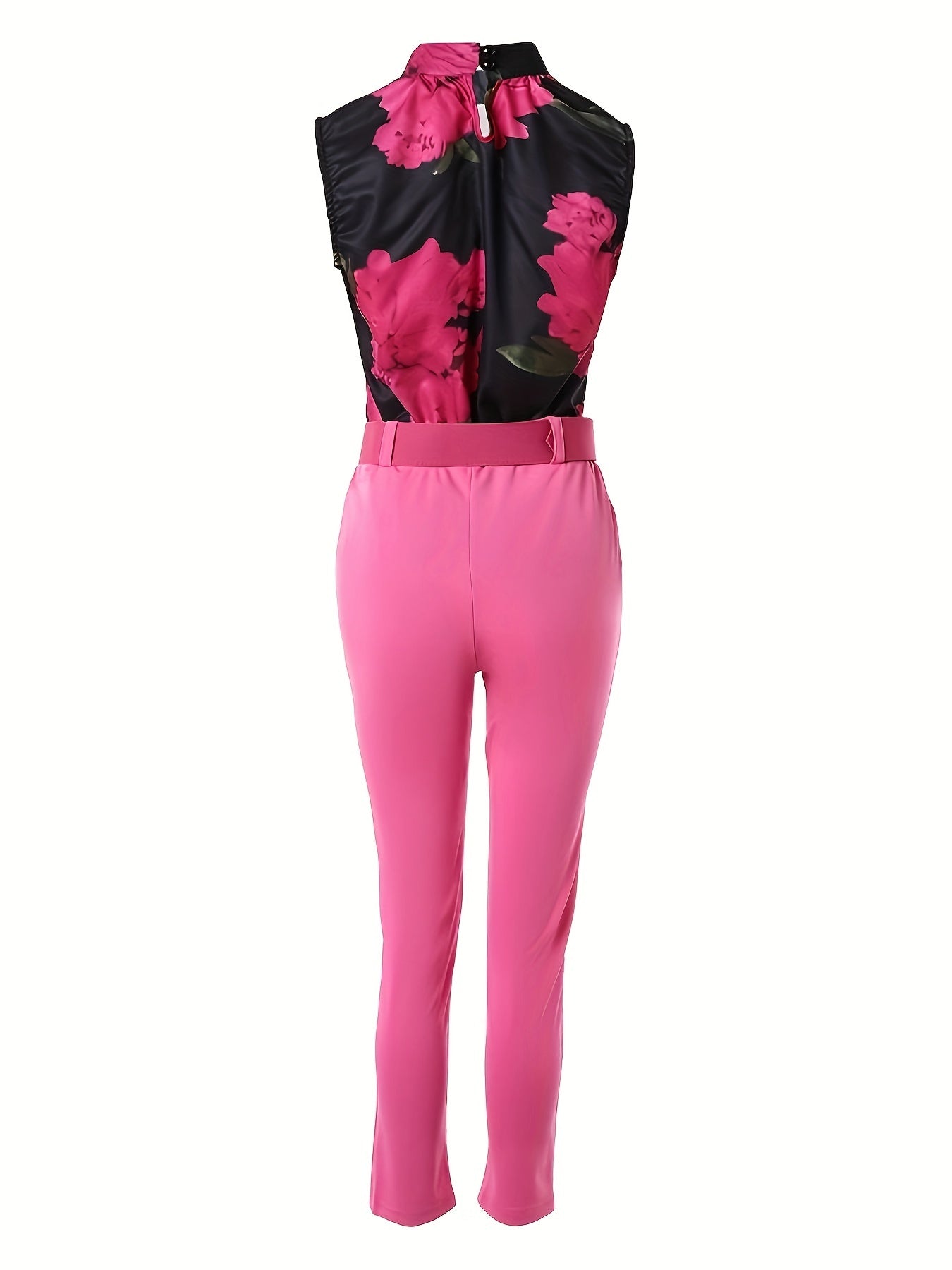 Conjunto de blusa y pantalón floral elegante de poliéster de Dreamblue, cuello alto, ligero y ideal para primavera y verano.