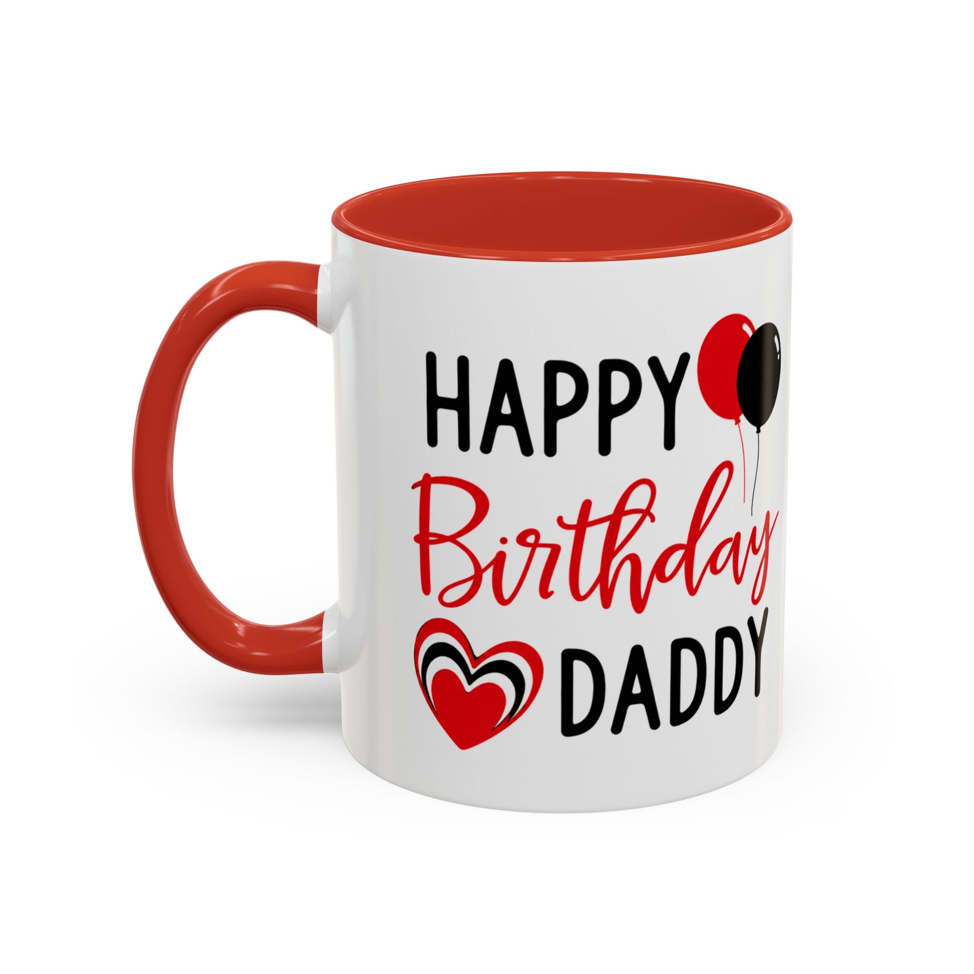 Taza de café Happy Birthday Daddy con globos rojos y negros, corazón, en colores rojo y negro, capacidad de 11 oz.