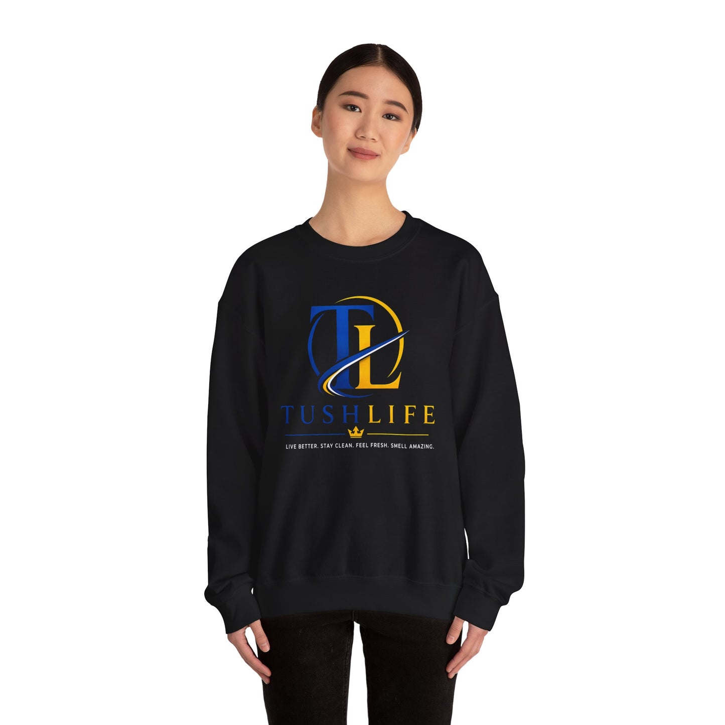 Sudadera azul Gold TL Monogram de Printify, de corte cómodo, con diseño de logotipo en el pecho, ideal para el uso diario.