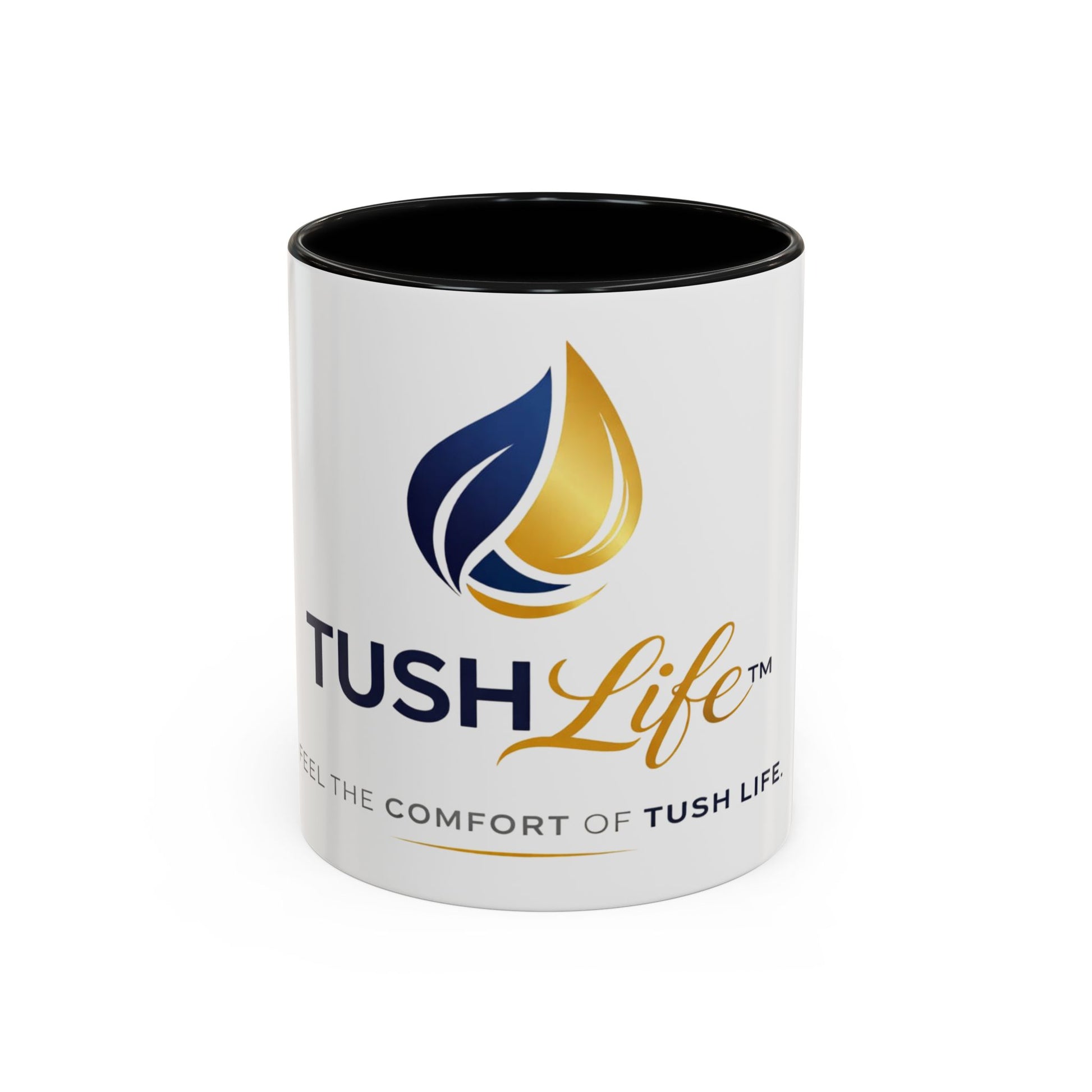 Taza TushLife de 11oz o 15oz de Printify, cerámica blanca con diseño gráfico en el centro, vista frontal sobre fondo neutro.