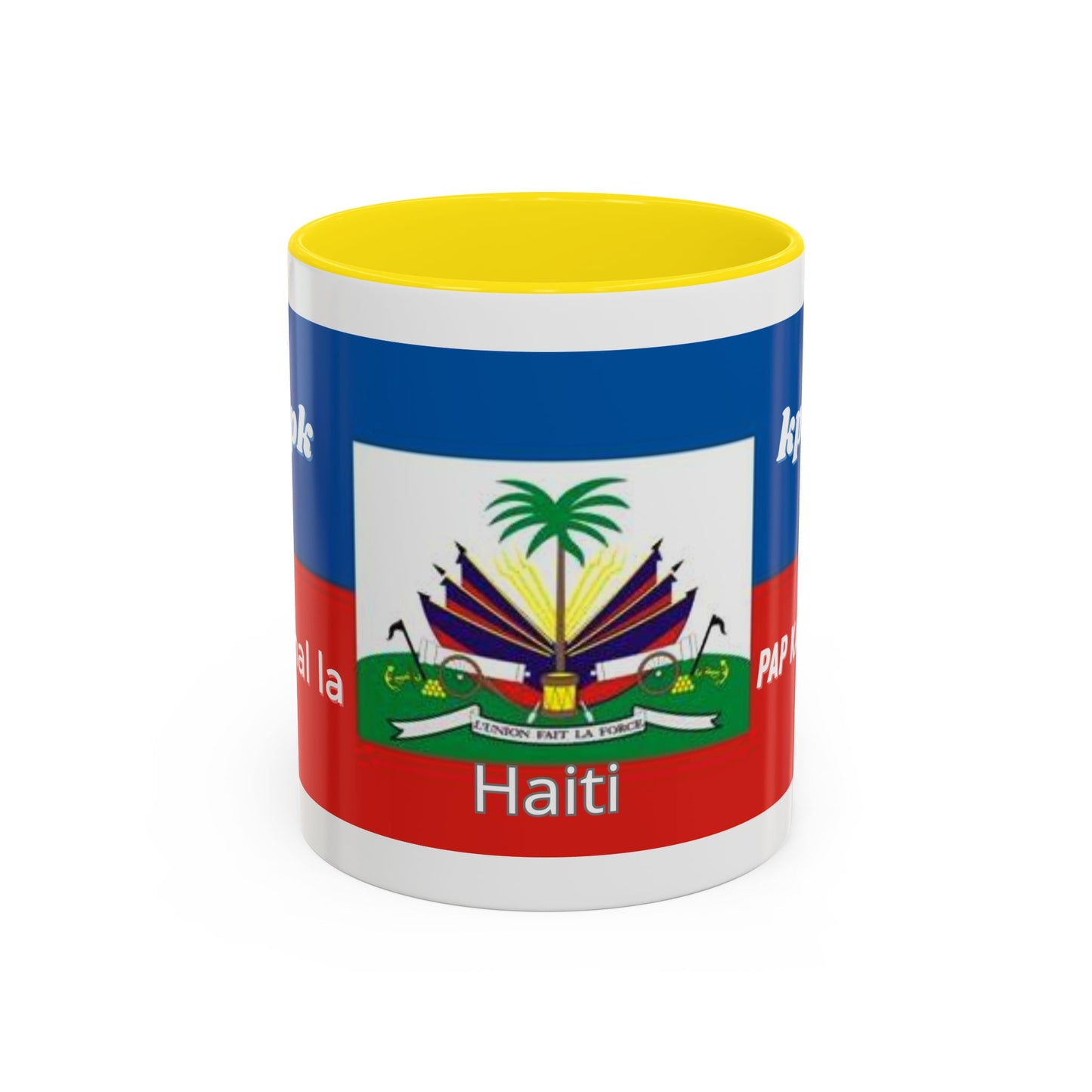 Taza de cerámica con diseño haitiano Kanal La Pap Kanpe, ideal para café o té, decorativa y para oficina, de la marca Printify.