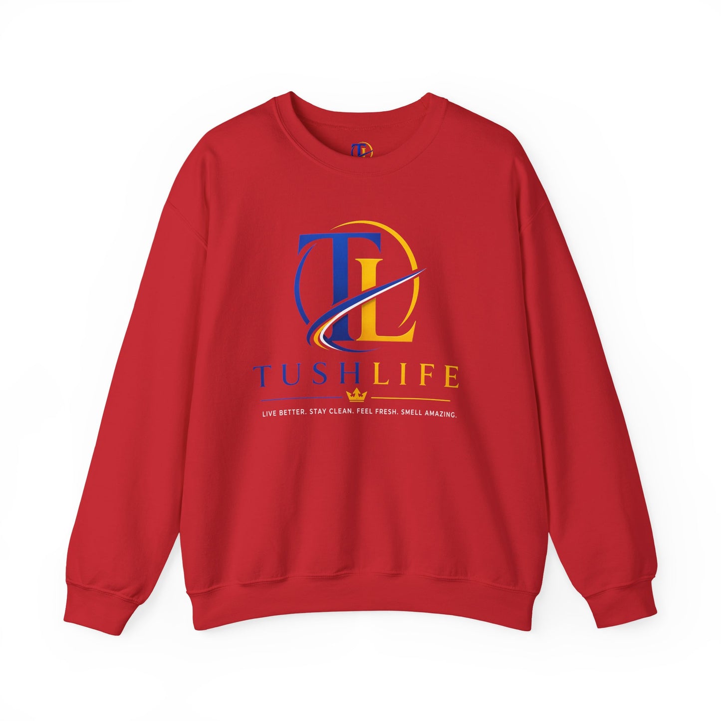 Sudadera azul con monograma dorado TL, de la marca Printify, con diseño en el centro y cuello redondo.
