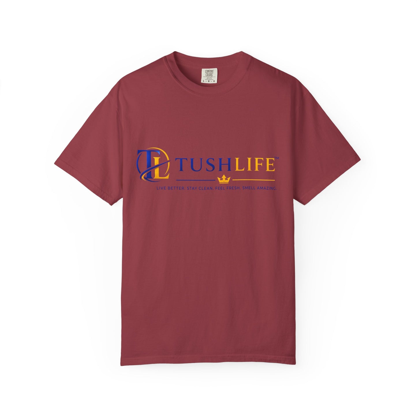 Camiseta de algodón premium TUSHLIFE, camiseta cómoda para uso diario, marca Printify, vista frontal sobre fondo neutro.