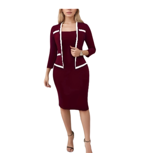 Conjunto de dos piezas de Dreamblue: chaqueta cardigan sólida y vestido ajustado para oficina y uso casual femenino.