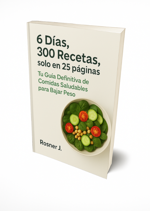 Libro de recetas saludables de Dreamblue store con 6 días y 300 recetas para bajar peso, en una página con imágenes de comidas.