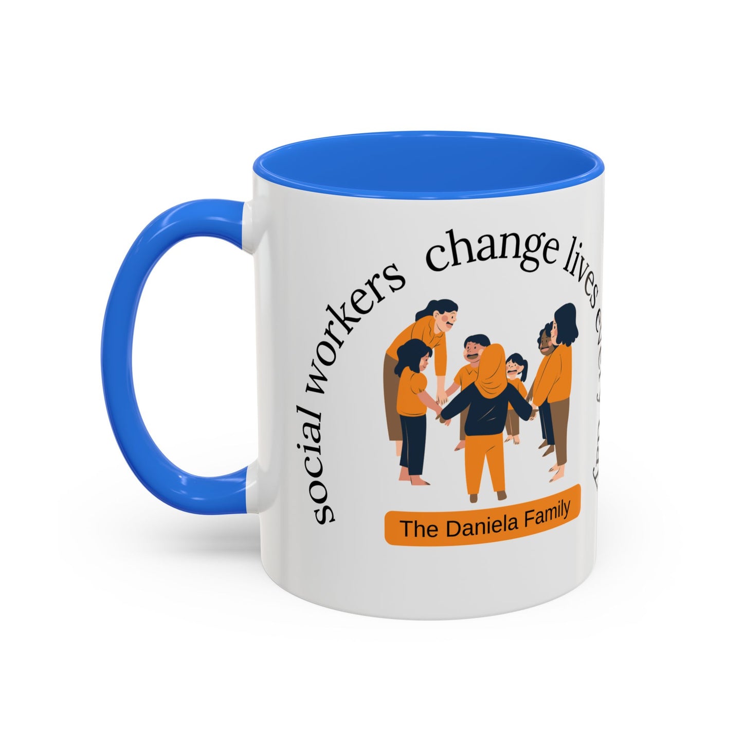 Taza de cerámica de 11oz o 15oz de Printify con mensaje "Social Workers Change Lives" en diseño colorido y resistente para uso diario.
