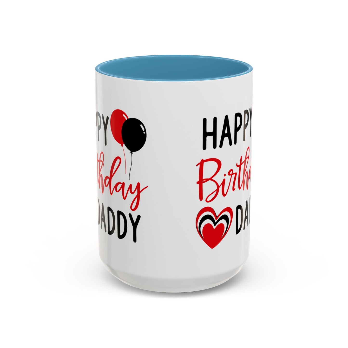 Taza de café Happy Birthday Daddy con globos rojos y negros y corazón, de 11 oz, de Printify, vista frontal con diseño festivo
