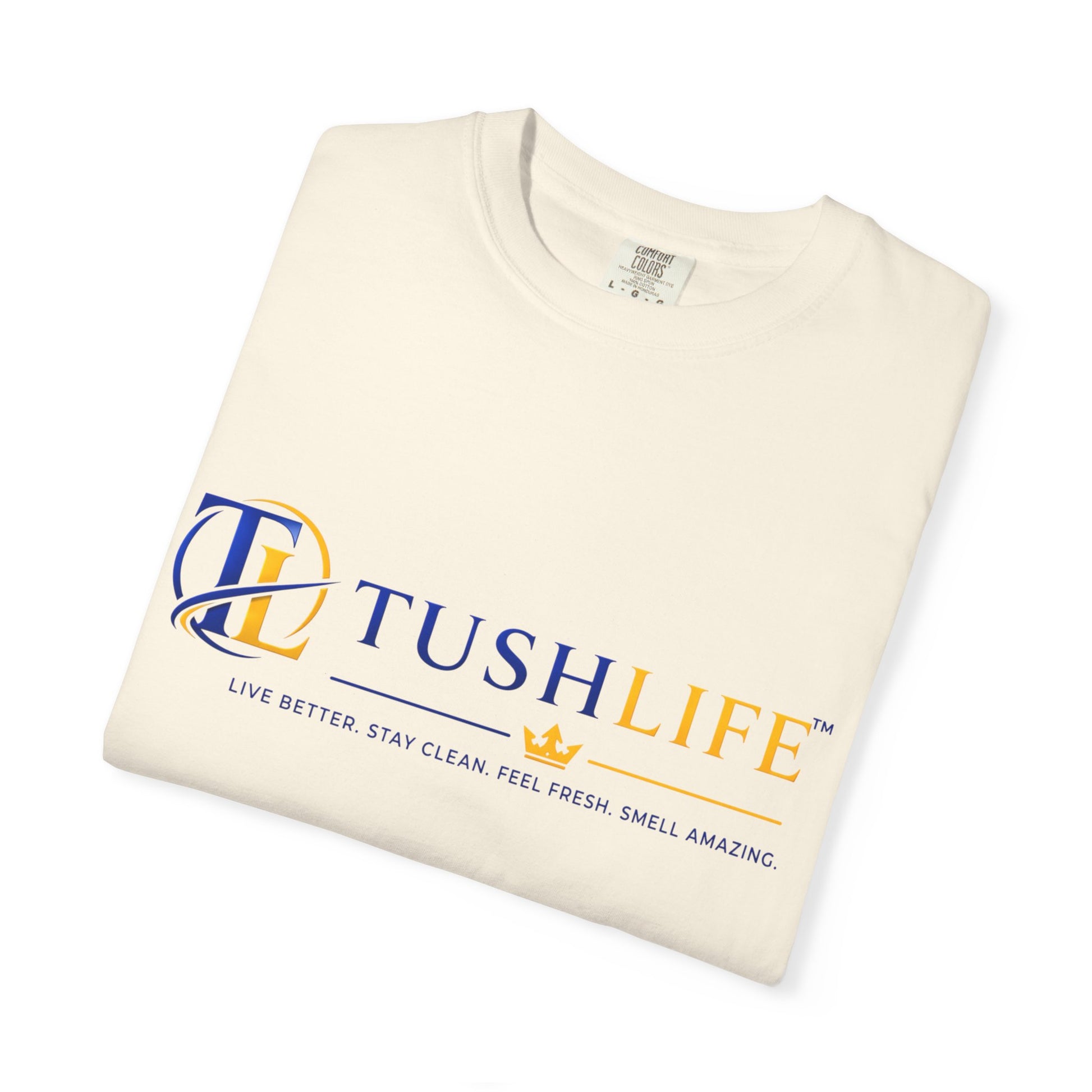 Camiseta de algodón premium TUSHLIFE de Printify, camiseta cómoda para uso diario, vista frontal en color blanco.