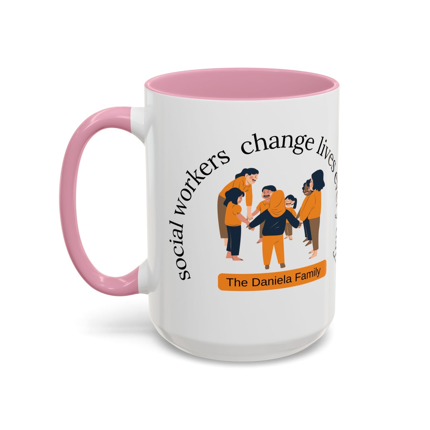 Taza de cerámica para trabajadores sociales con mensaje "Social Workers Change Lives", disponible en 11oz y 15oz, marca Printify.