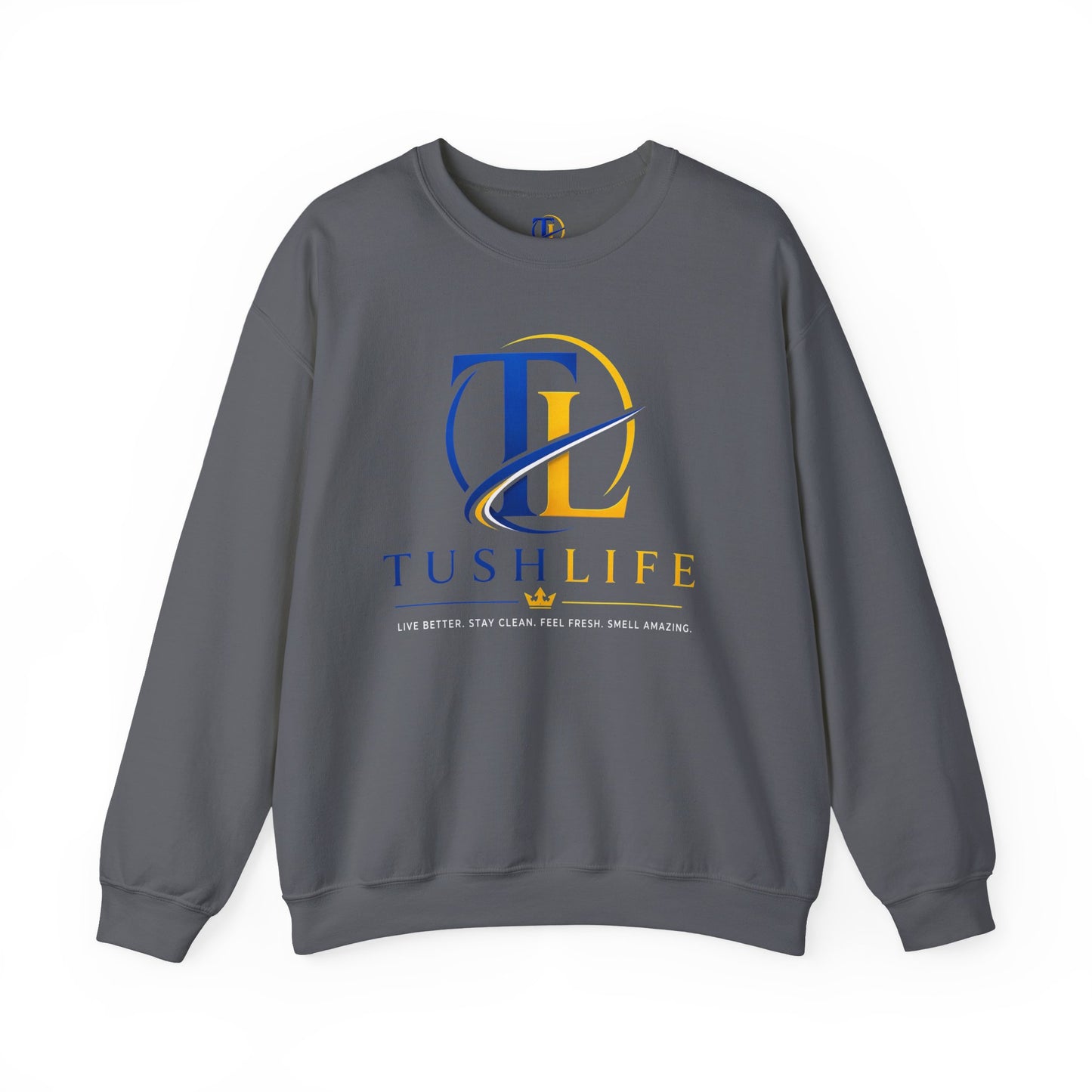 Sudadera azul Gold TL Monogram de Printify, con diseño de logotipo en el pecho y ajuste cómodo.
