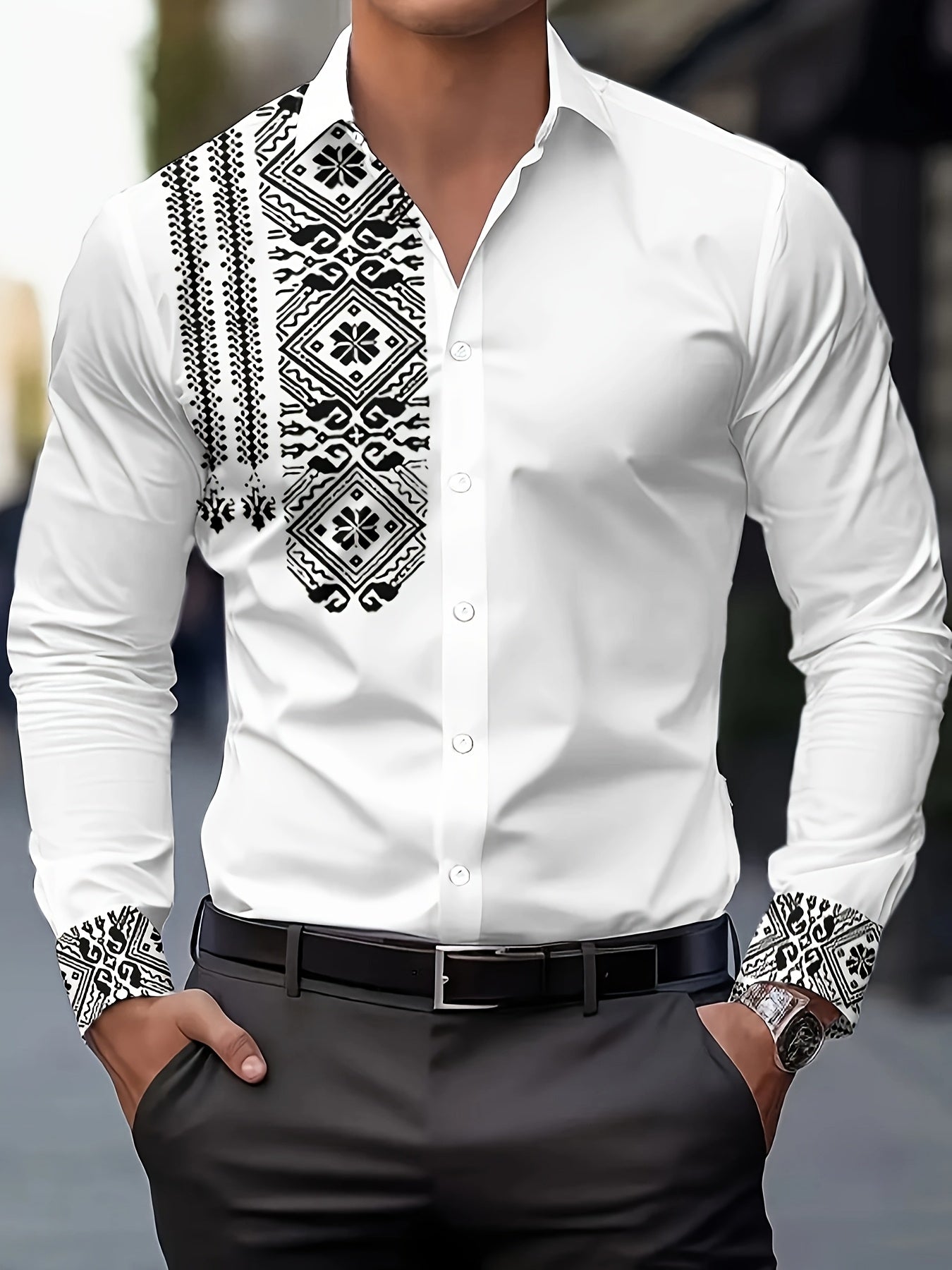 Camisa de hombre Dreamblue retro con estampado floral en blanco y negro, manga larga y tela de poliéster transpirable.