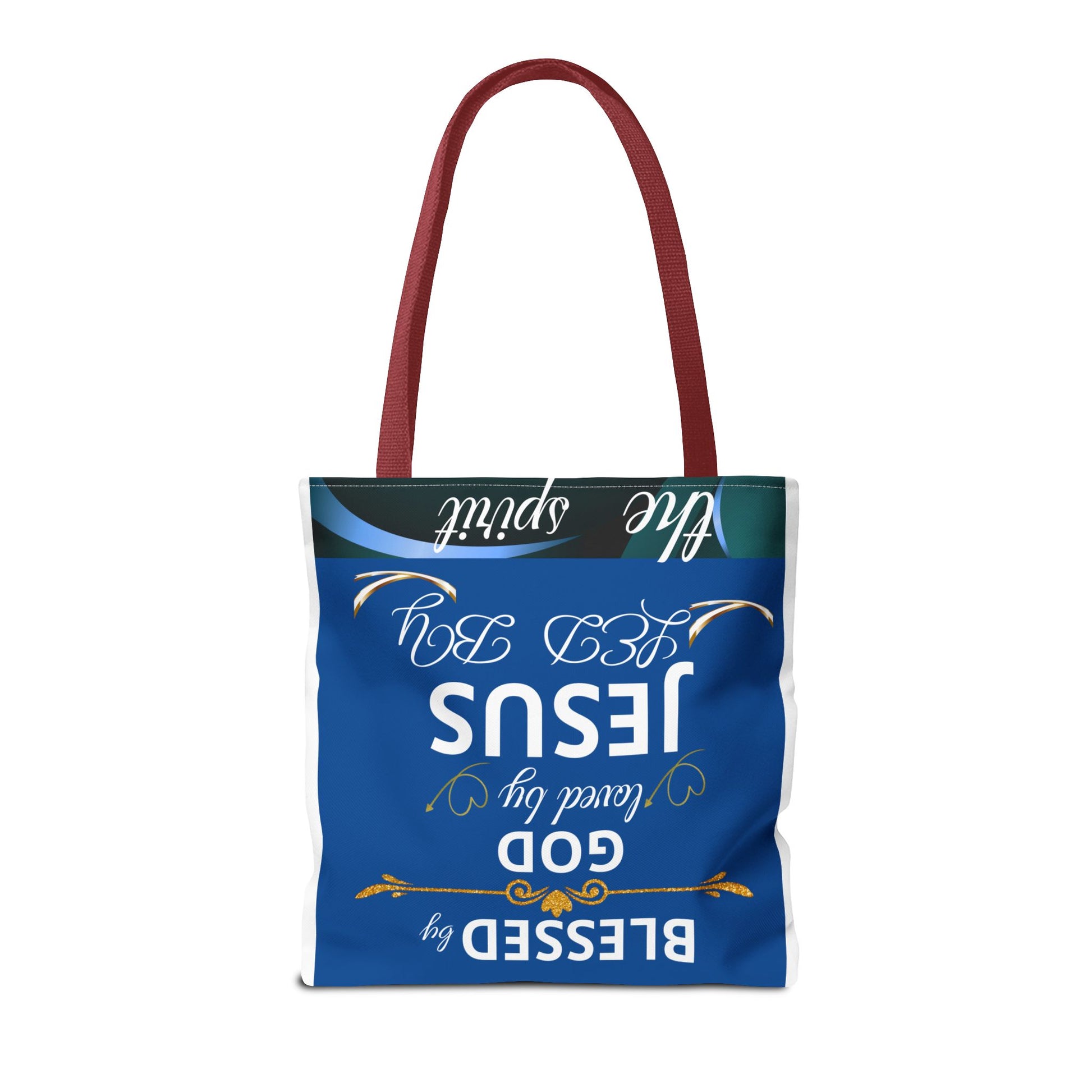 Bolso de mano inspirador para madres cristianas, con mensaje de confianza en Dios y agradecimiento, de la marca Printify