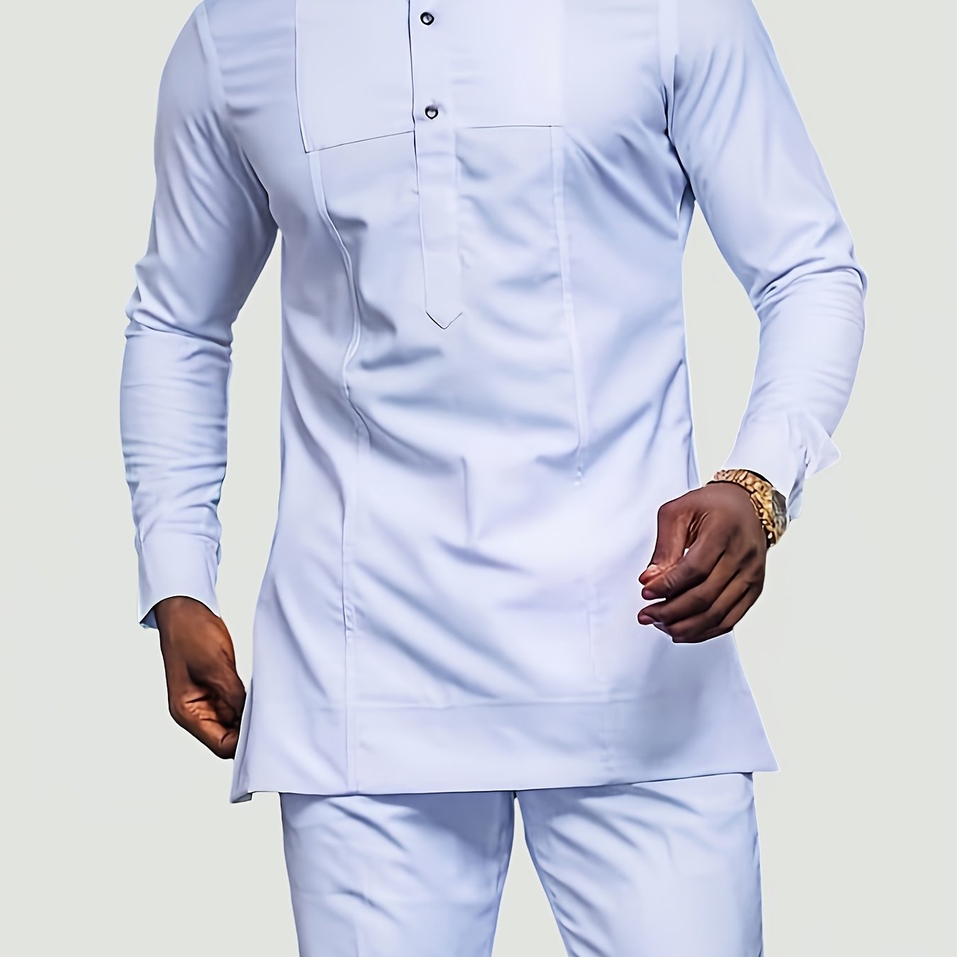 Conjunto de hombre blanco Dashiki de 2 piezas con camisa de manga larga y pantalones ajustados, estilo africano para eventos y streetwear