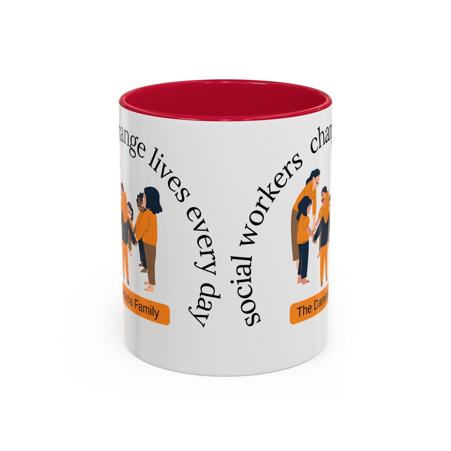 Taza de 11oz o 15oz de Printify con mensaje "Social Workers Change Lives" en diseño colorido.