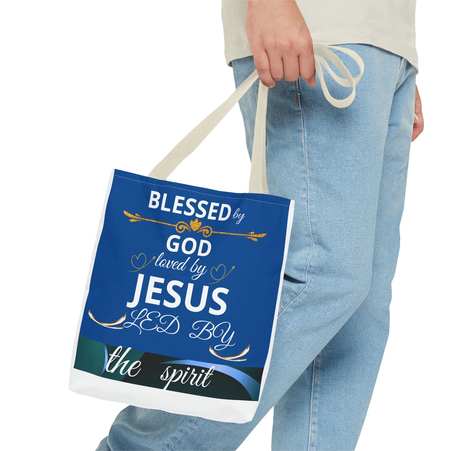 Bolso de mano inspirado de la marca Printify con mensaje cristiano "Confiando en Dios", ideal como regalo religioso y bolso motivador