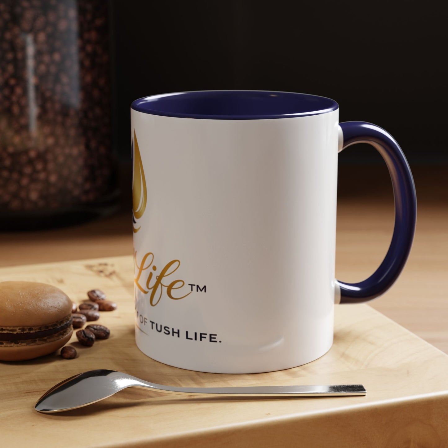 Taza TushLife de 11oz o 15oz con diseño de Printify, cerámica para café, vista frontal de la taza blanca con mango.