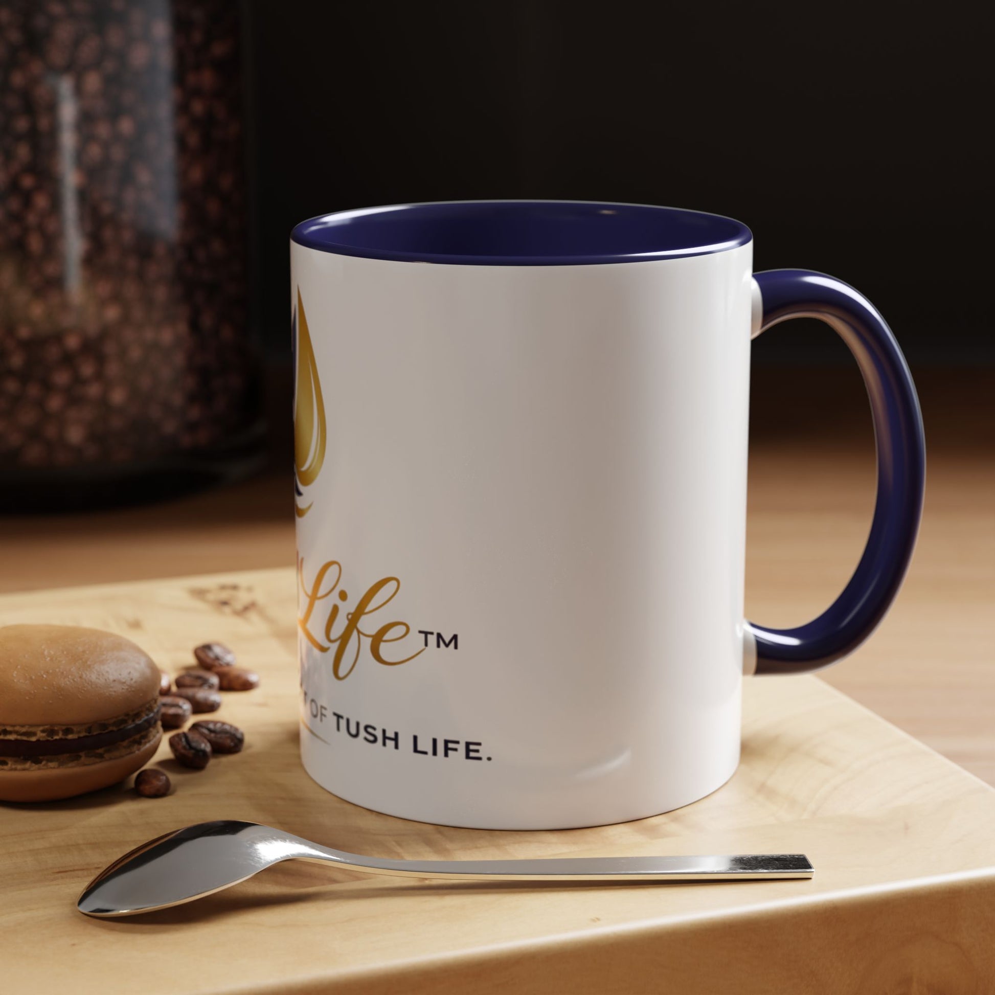 Taza TushLife de 11oz o 15oz con diseño de Printify, cerámica para café, vista frontal de la taza blanca con mango.