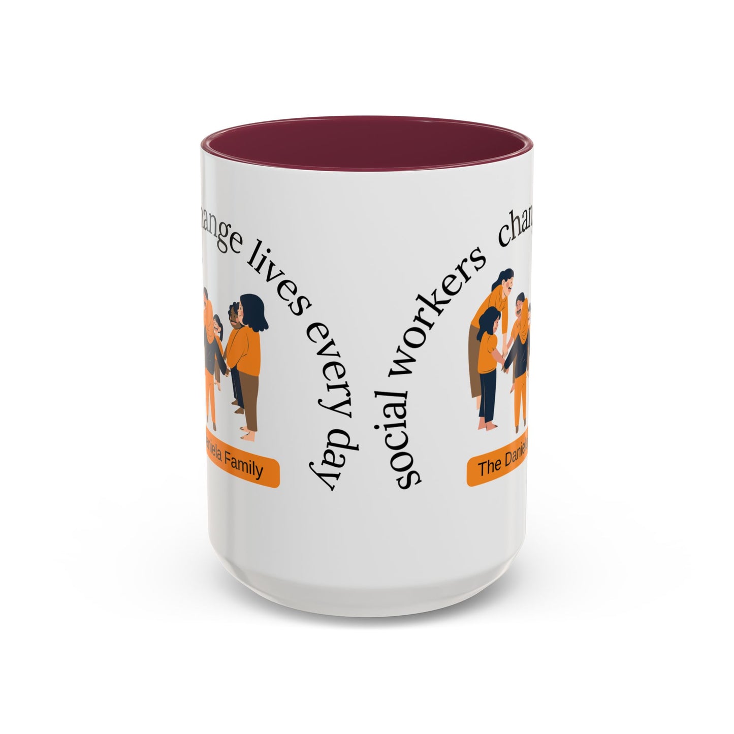 Taza de cerámica Printify de 11oz o 15oz con diseño "Social Workers Change Lives", muestra la taza en diferentes ángulos.