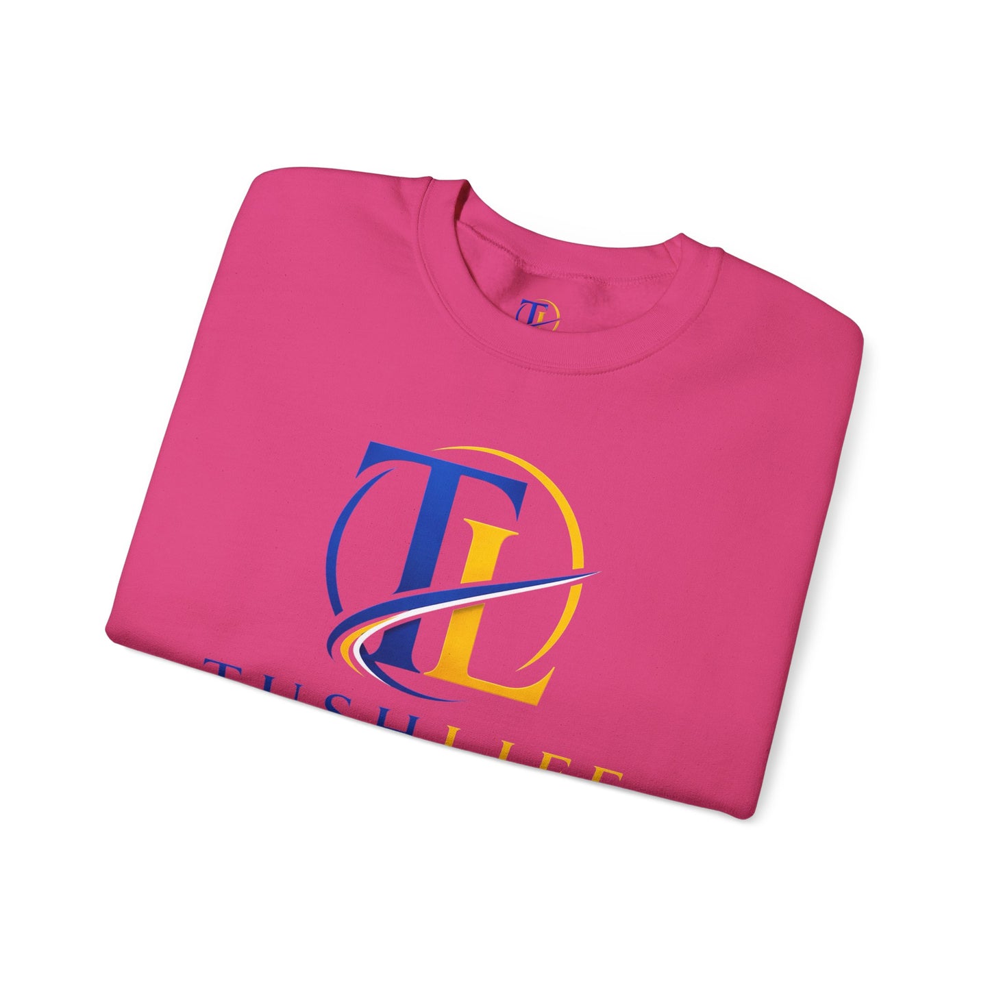Sudadera azul con monograma dorado TL de TushLife, estilo casual y cómodo, con diseño de letra en el centro.