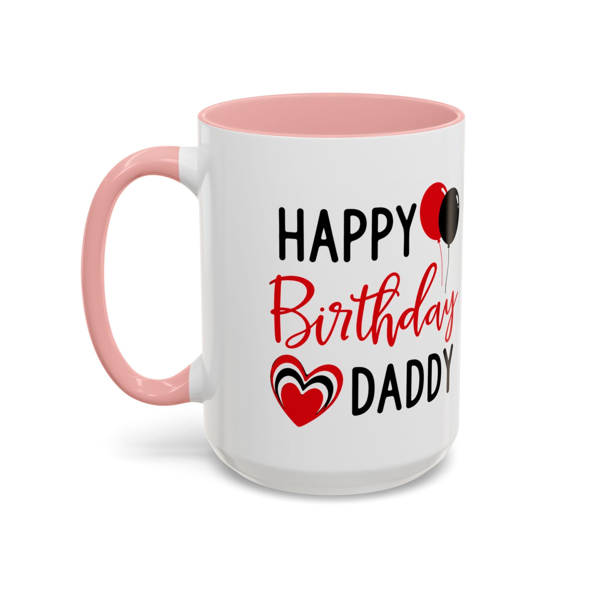Taza de café Happy Birthday Daddy con globos rojos y negros en diseño con corazón, de 11 oz de Printify