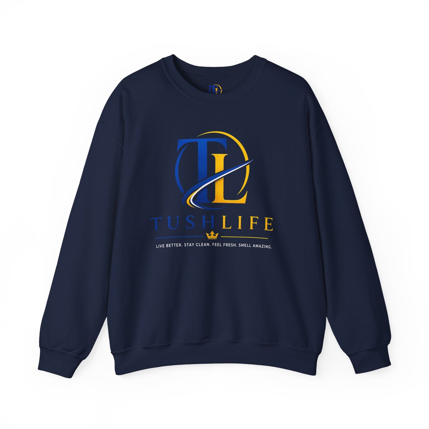 Sudadera azul con monograma dorado TL de TushLife, estilo cómodo y casual, con diseño de logotipo en el centro.