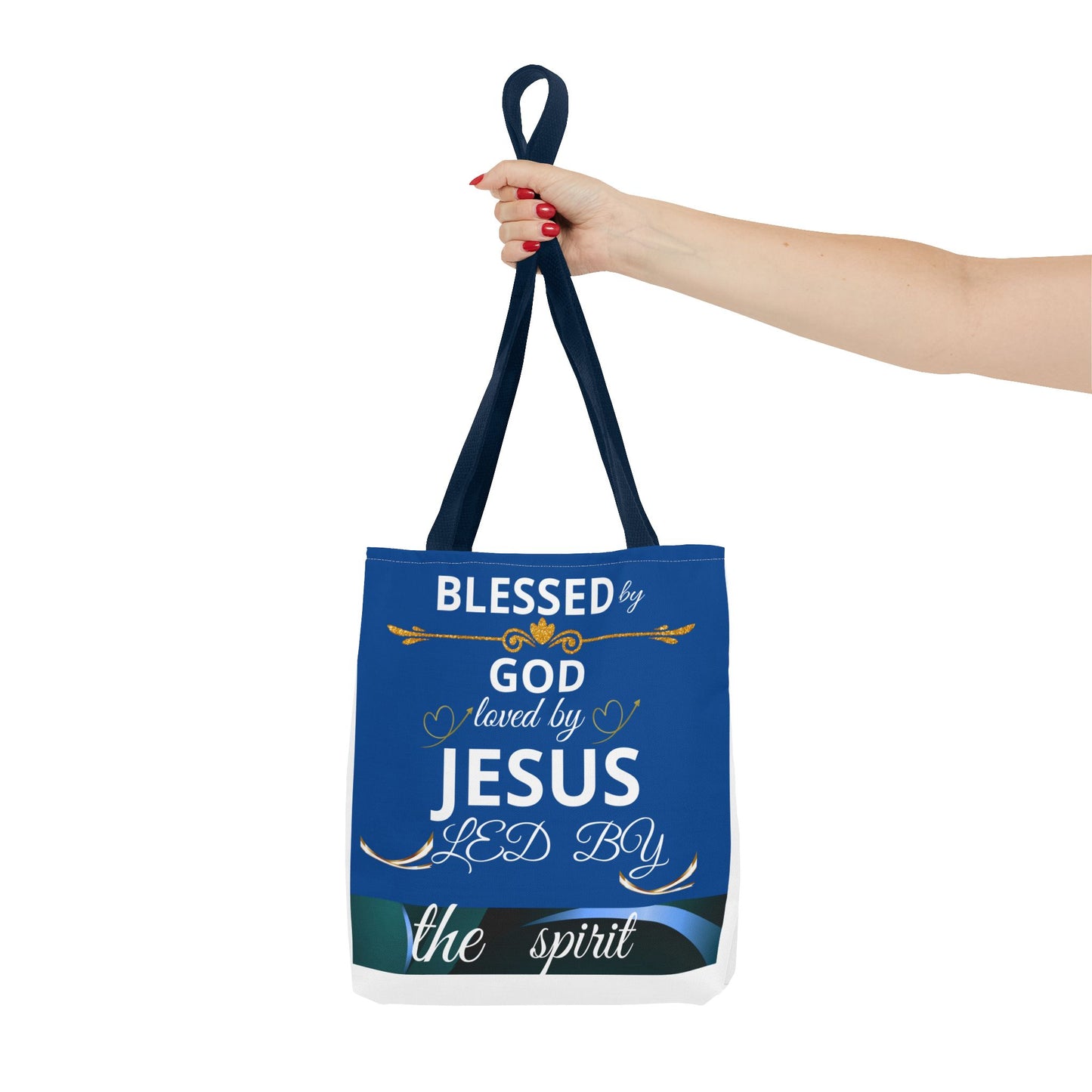 Bolso de mano inspirador para madres cristianas con mensaje de confianza en Dios, agradecida y bendecida, en estilo tote bag de Printify.