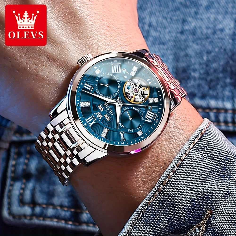 Reloj automático de lujo para hombres Dreamblue, pulsera de acero inoxidable, estilo clásico y casual, sin batería.
