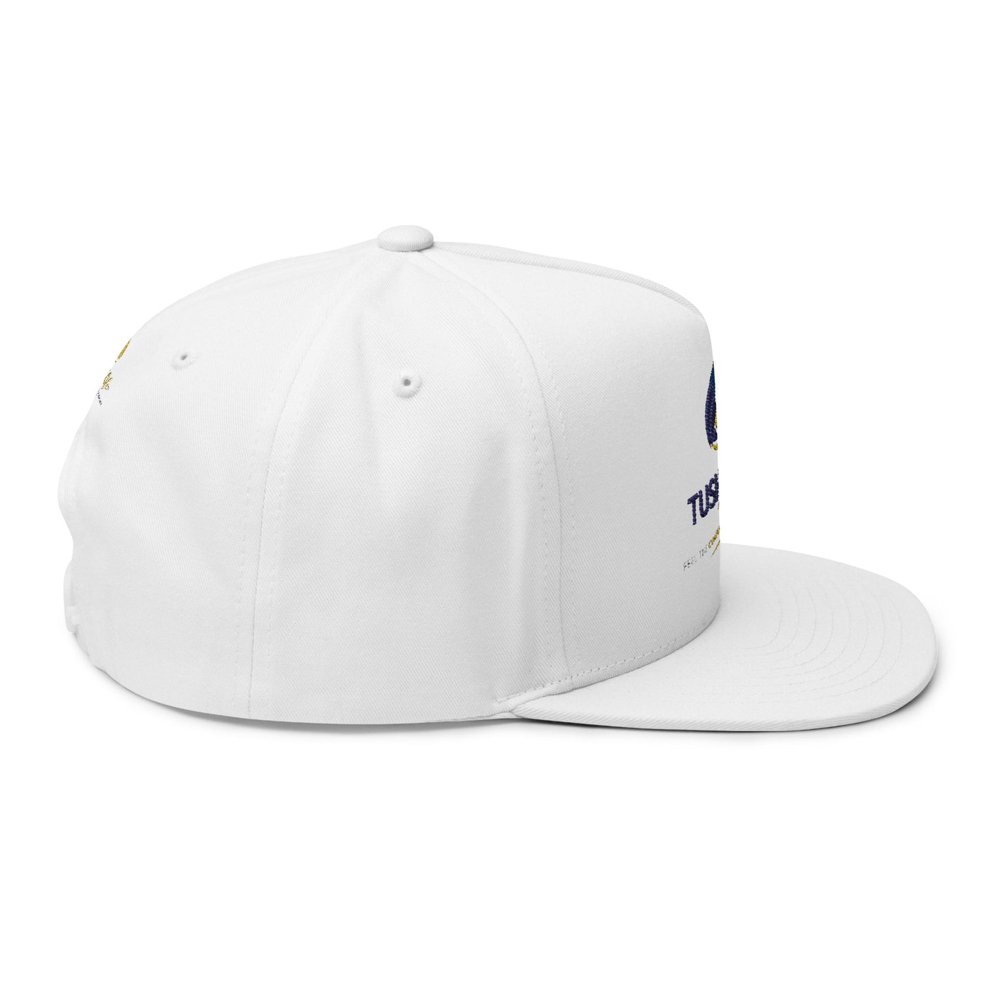 Gorra plana con logo de llama amarilla bordada, gorra snapback de sombrero, marca Printify, vista frontal.