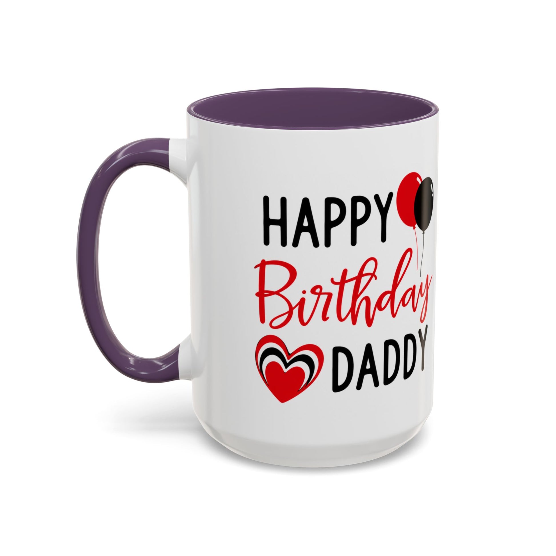 Taza de café Happy Birthday Daddy con globos rojos y negros, diseño con corazón, capacidad de 11 oz, estilo de impresión Printify.