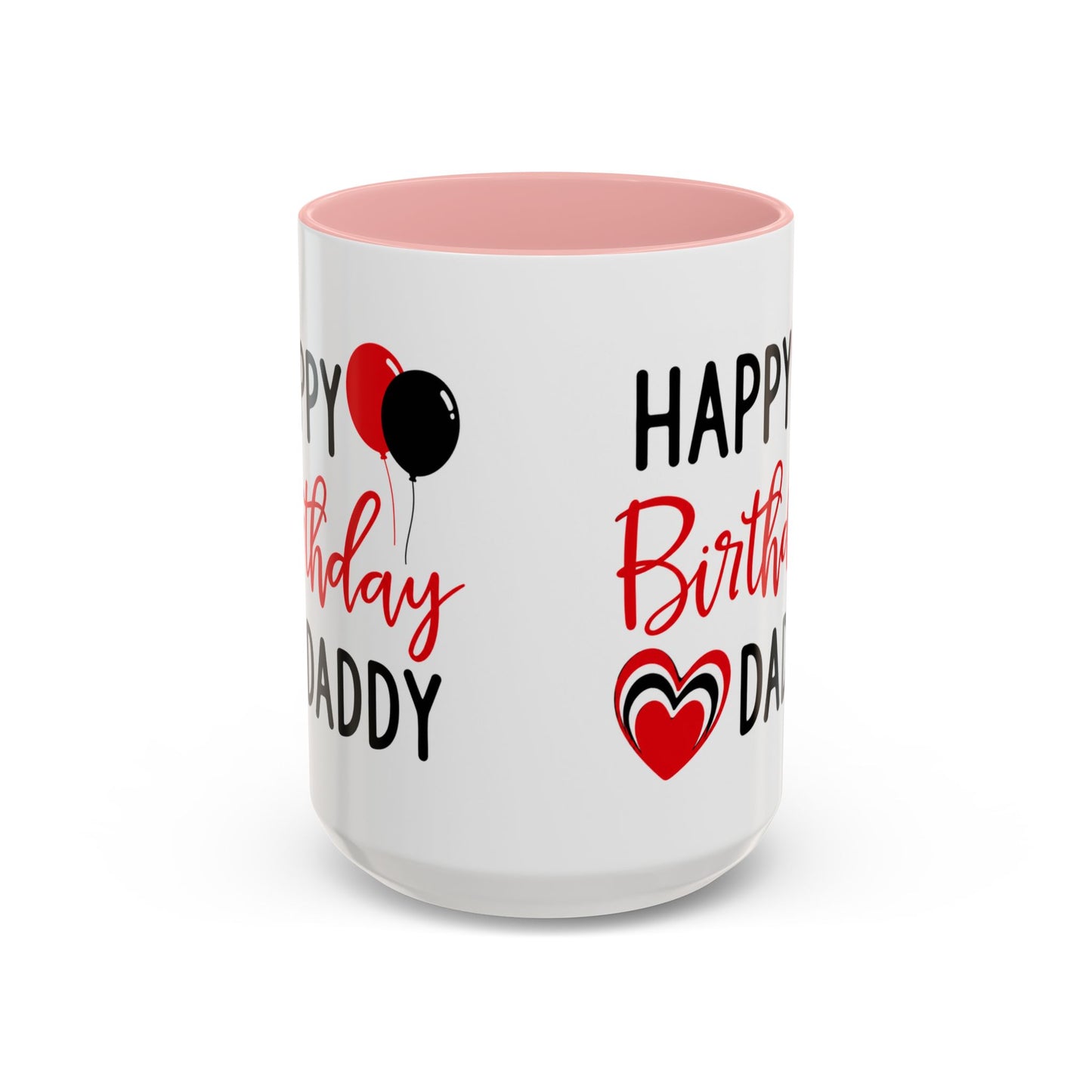 Taza Happy Birthday Daddy de Printify con globos rojos y negros y corazón, 11/15 oz, diseño de celebración en cerámica.