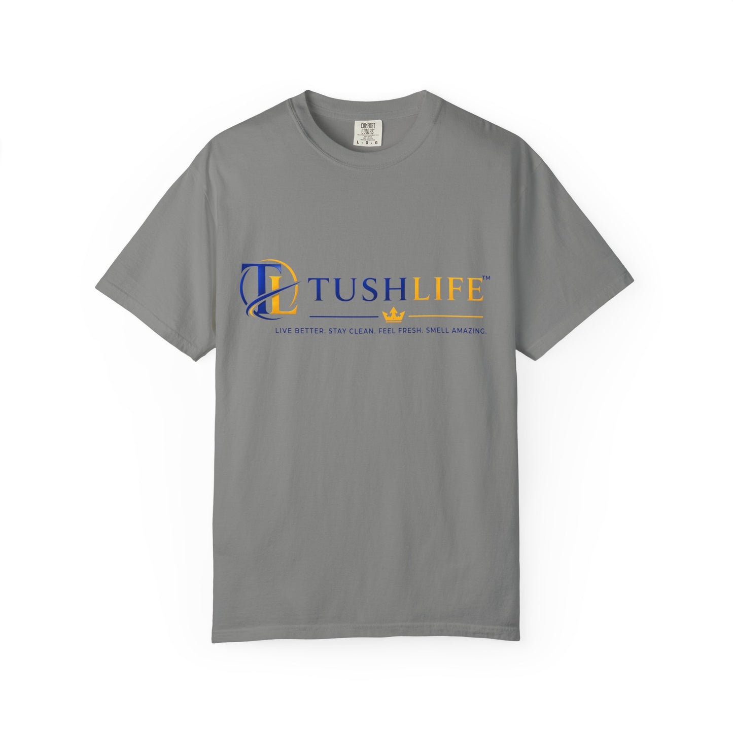Camiseta de algodón premium TUSHLIFE para uso diario, estilo cómodo y casual, diseñada por Printify, vista frontal en color blanco
