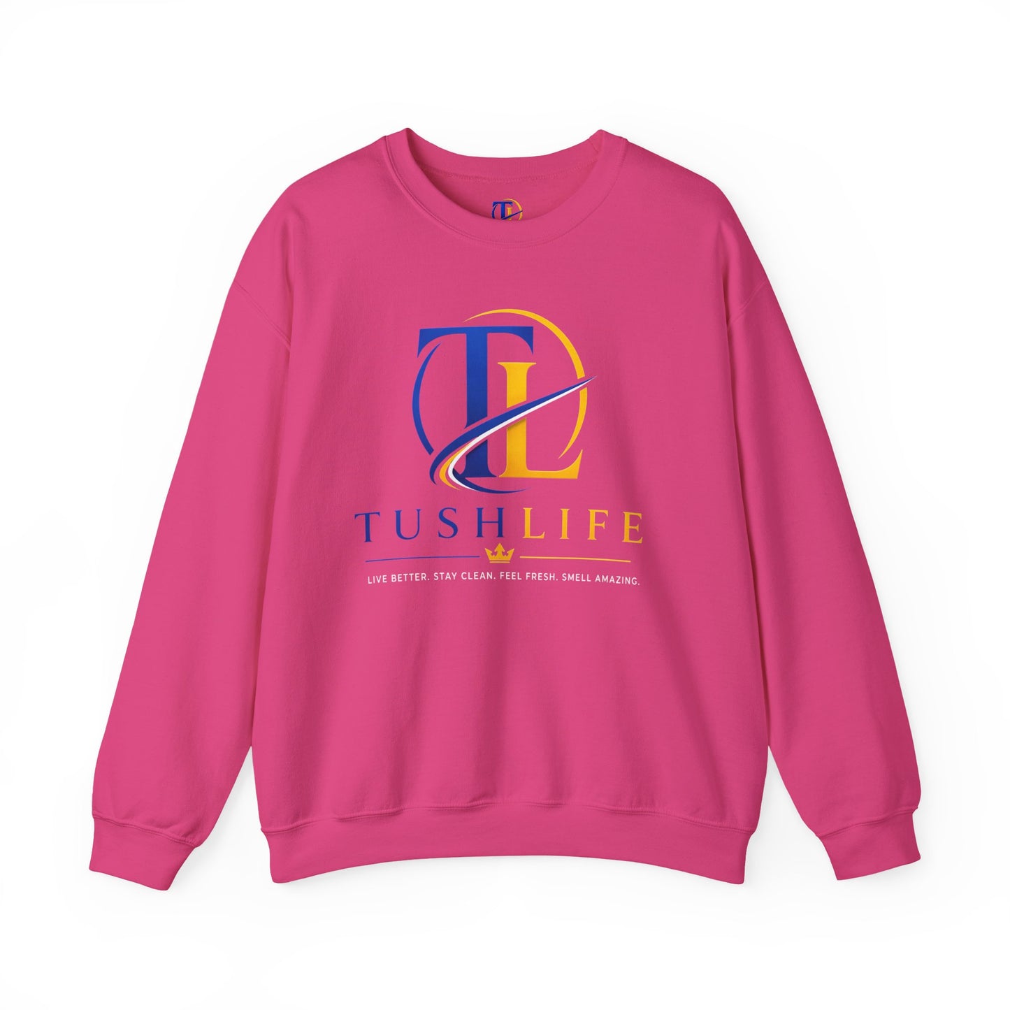 Sudadera azul con monograma dorado TL de Printify, diseño de cuello redondo y estilo casual para hombre o mujer.
