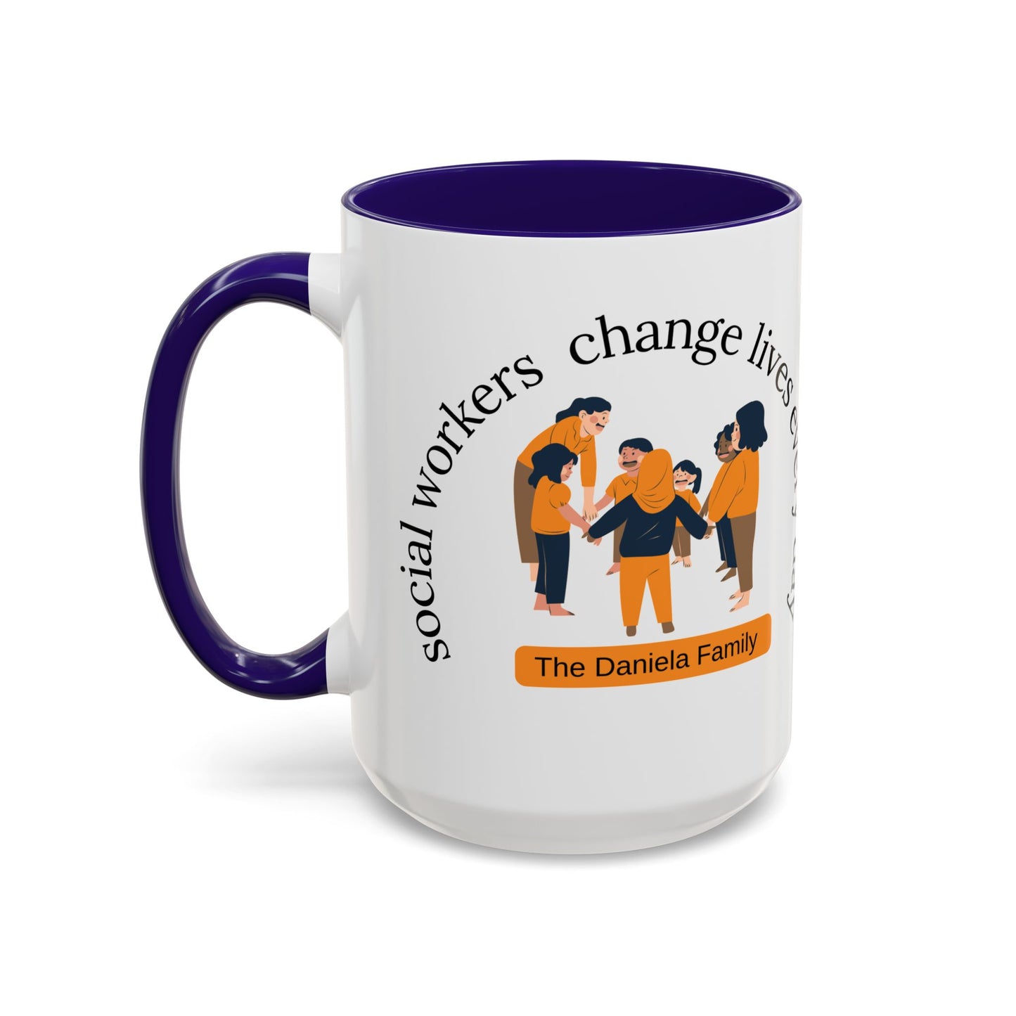 Taza de cerámica de 11oz o 15oz con mensaje "Social Workers Change Lives" de Printify, vista desde el frente en color blanco
