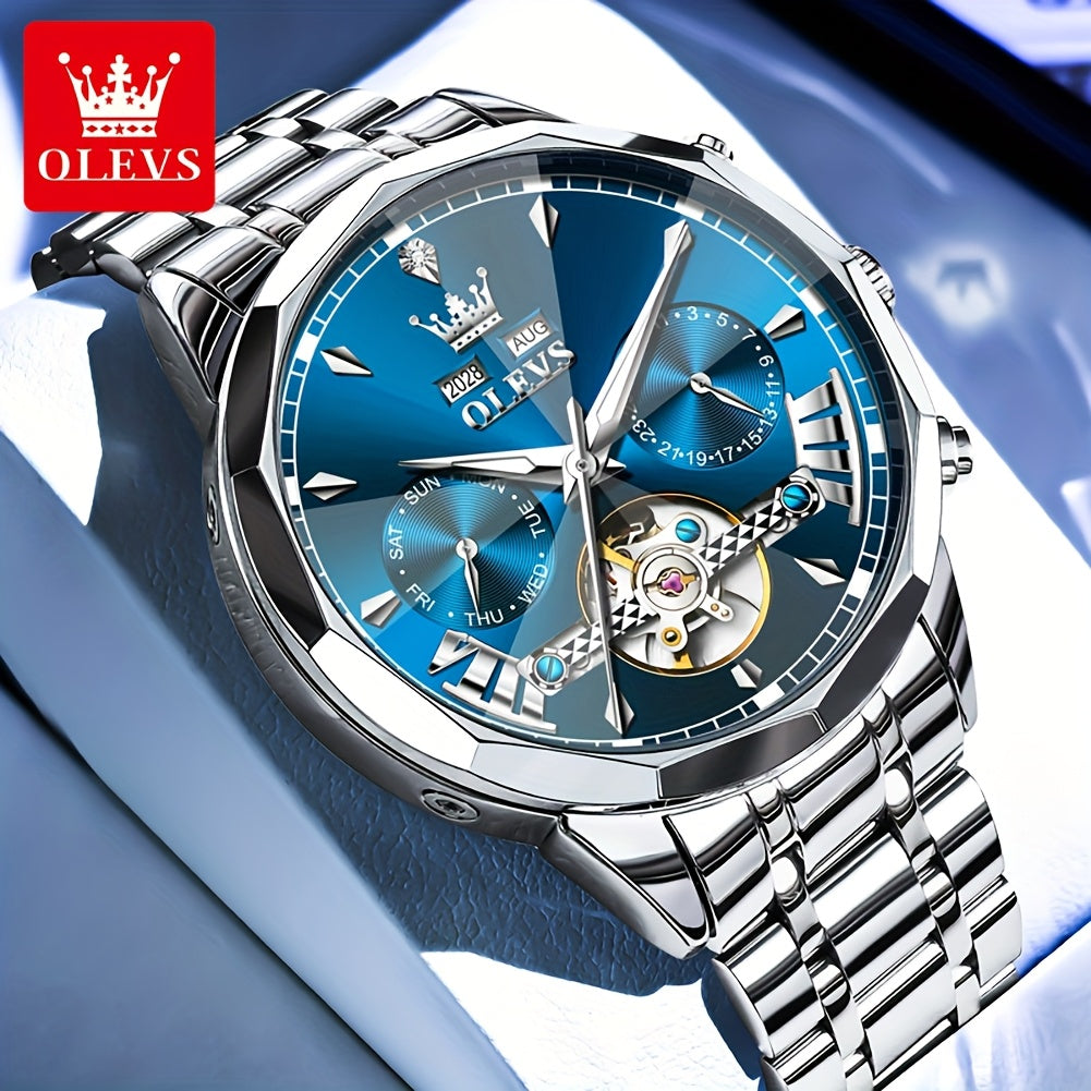 Reloj de lujo OLEVS para hombres, automático, de acero inoxidable, con esfera luminosa y diseño clásico y elegante.