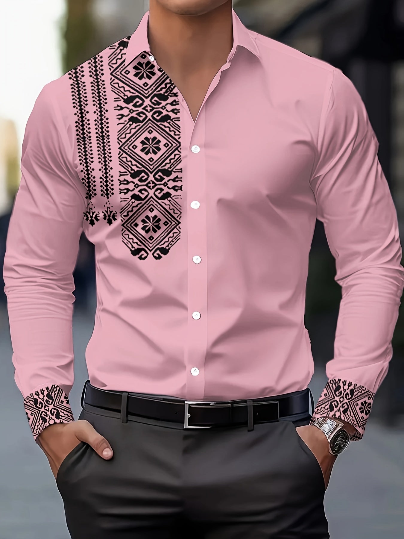 Camisa masculina retro con estampado floral en blanco y negro, manga larga, tela de poliéster transpirable, ajuste regular.
